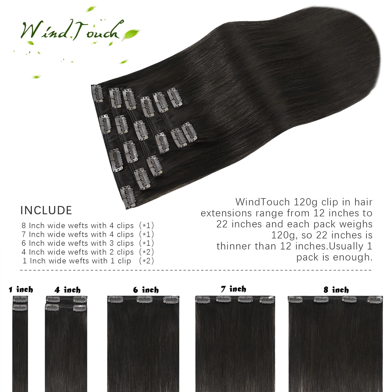 WindTouch Clip in Hair Extensions Human Hair, 15 Inch 75g #4 Medium Brown Hair Extensions for Women Real Human Hair Clip in, Remy Human Hair Extensions Clip ins, Soft Natural Straight — view 62