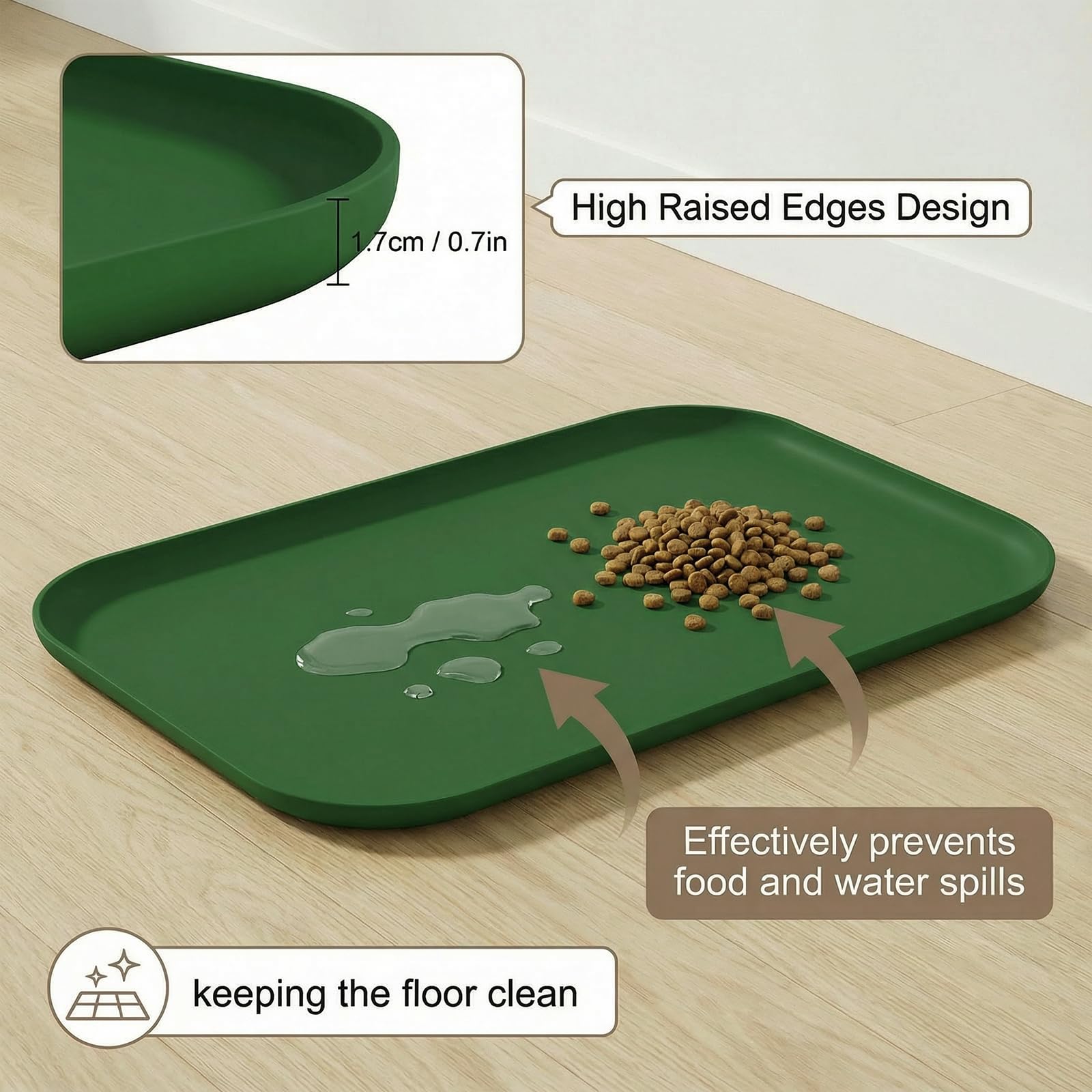 BLESWIN Tappetino impermeabile in silicone per alimentazione animali domestici con bordi rialzati, tappetino per ciotola gatto facile da pulire (Verde scuro, 60×40 cm)