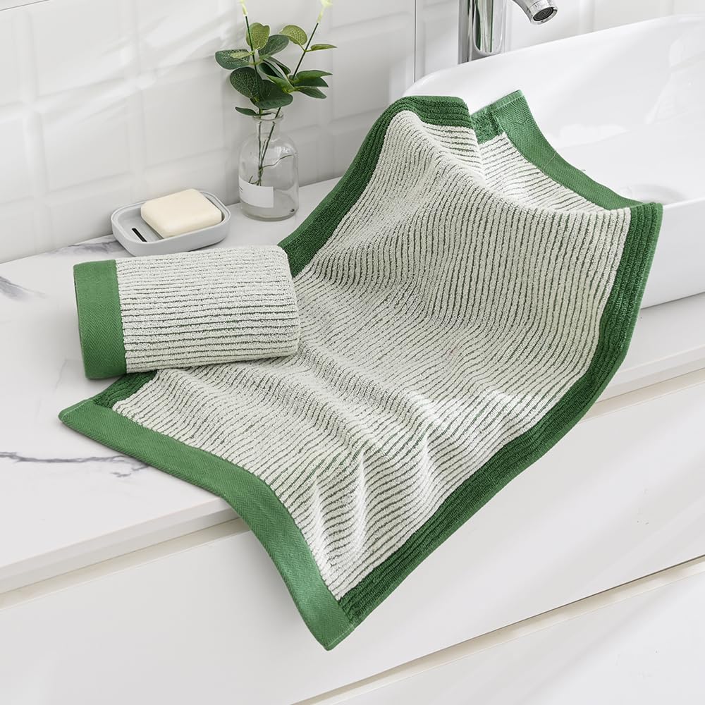 sense gnosis Hand Towels Set of 2 100% Cotton Absorbent Beige Ribbed Striped Green Border Decorative Bath Hand Towels for Bathroom Gym Camping - Image 2