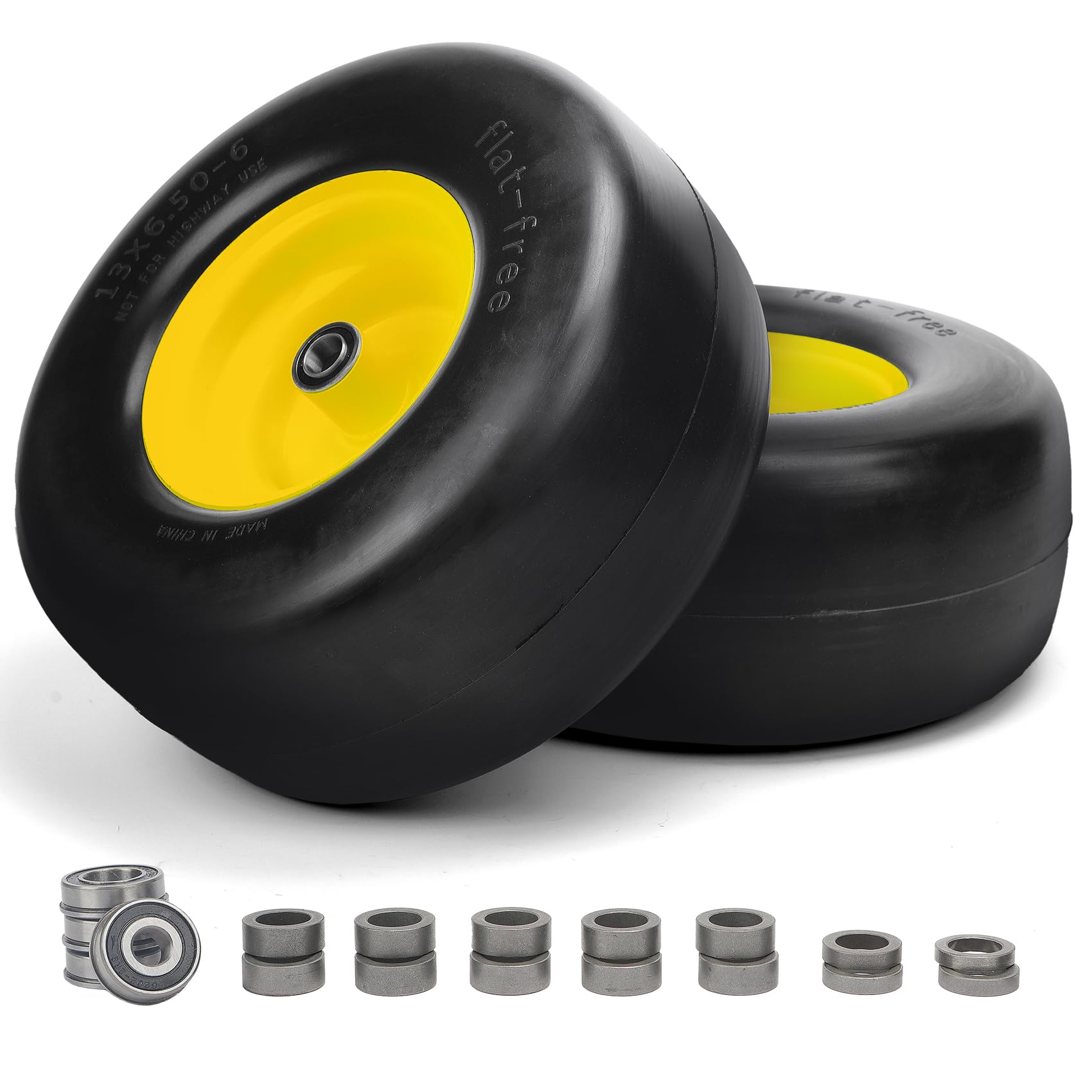 13x6.50-6 Flat Free Lawn Mower Tires, Lawn Mower Front Tires For Zero Turn, Fit Most Lawn Mowers Like Zero-Turn, Garden Tractors And Riding Mowers,5.5"-7.5" Adjustable Center Hub, Black-Yellow, 2 Pack