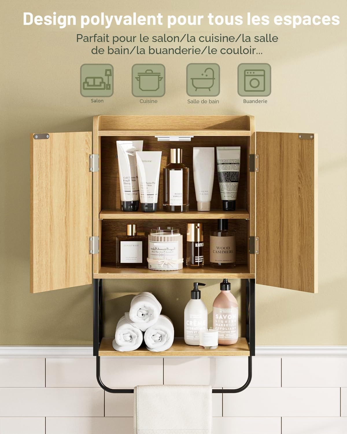 Armoire à pharmacie / Armoire murale de salle de bain, meuble mural avec étagères réglables, armoire gain de place pour salle de bain, cuisine et salon (68,5 x 39 x 18 cm, chêne au design moderne)