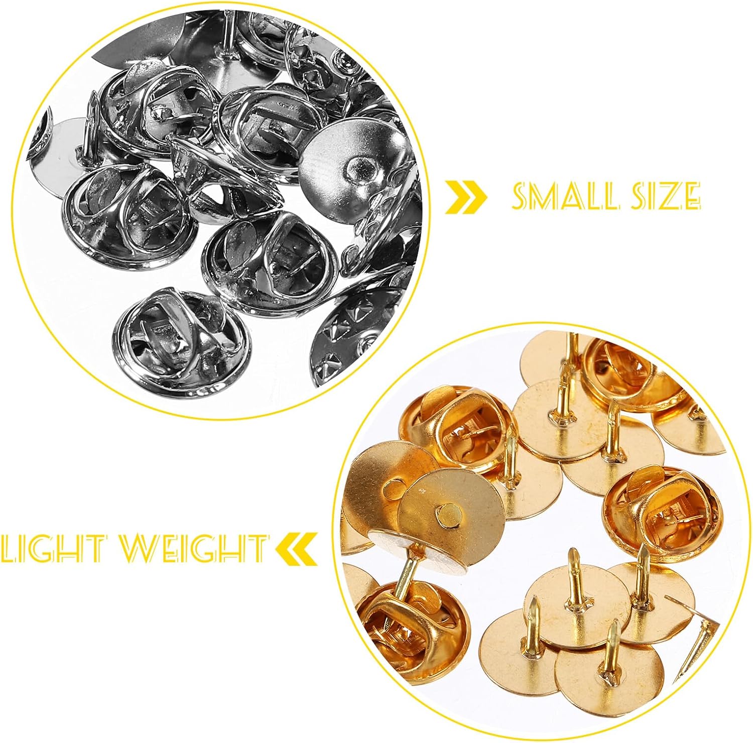 100 Sets Iron Pin Backs with Needles Multi-Function Locking Lapel Pin Backs for Brooches Tie Tacks Badges and Jewelry Making Accessories Gold Silver