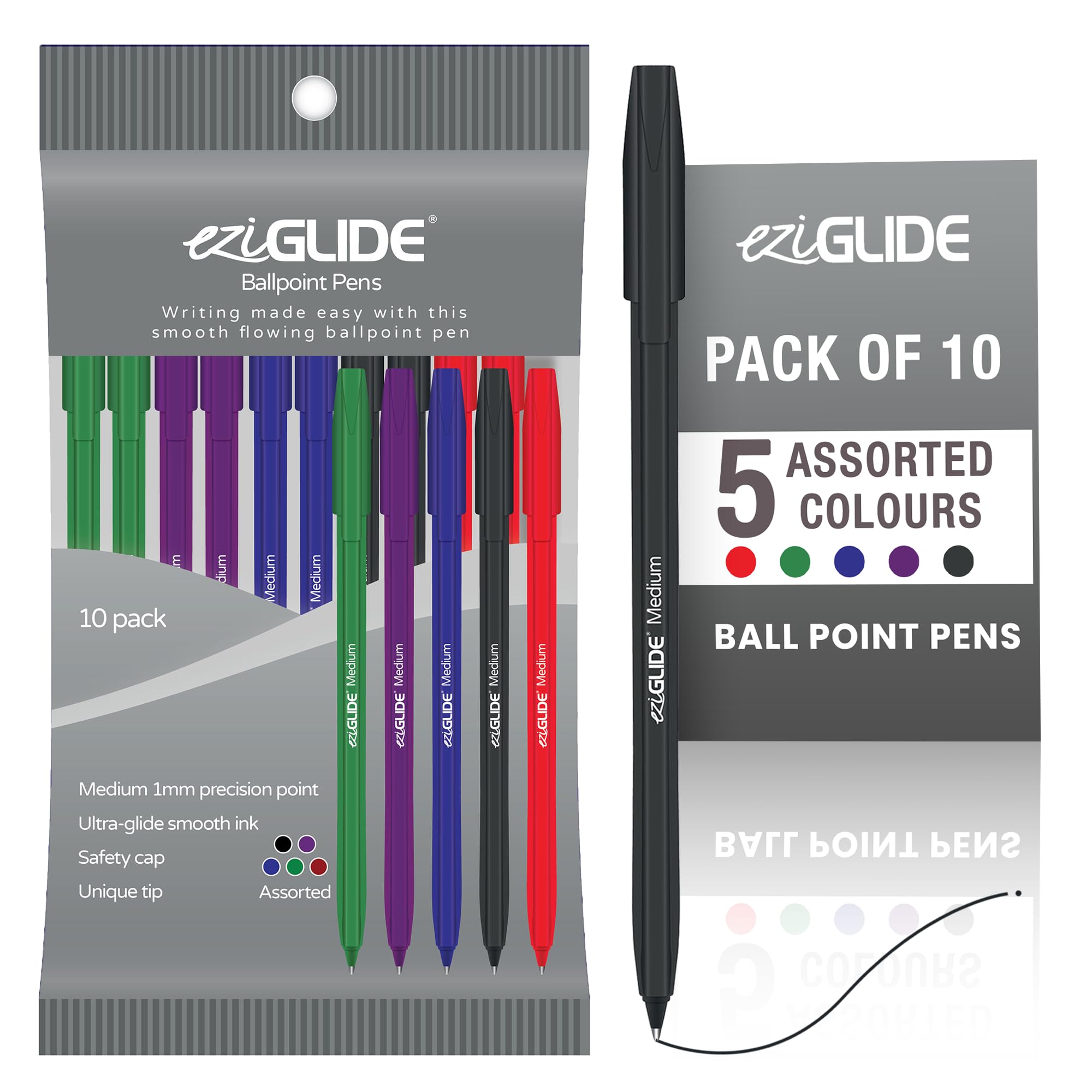 Eziglide 10-Pack Ballpoint Purple Pen Set - Medium Point 1.0mm for Effortless Writing & Comfortable Grip - Ball Point Pens Ideal for School, Exams, Home or Work Stationery Supplies — view 11