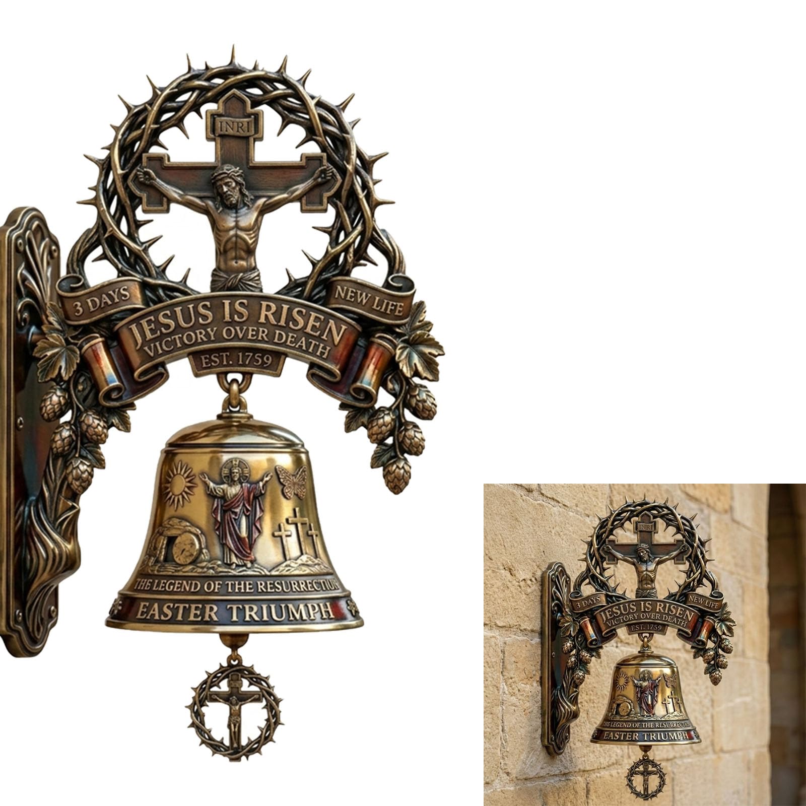 Easter Jesus Cross Commemorative Wall Bell – A Sacred Keepsake of Faith,Inspirational Christian Wall Hanging Bell,Sacred Cross Resurrection Symbol Decor for Faith Lovers Home Believers (1pcs)