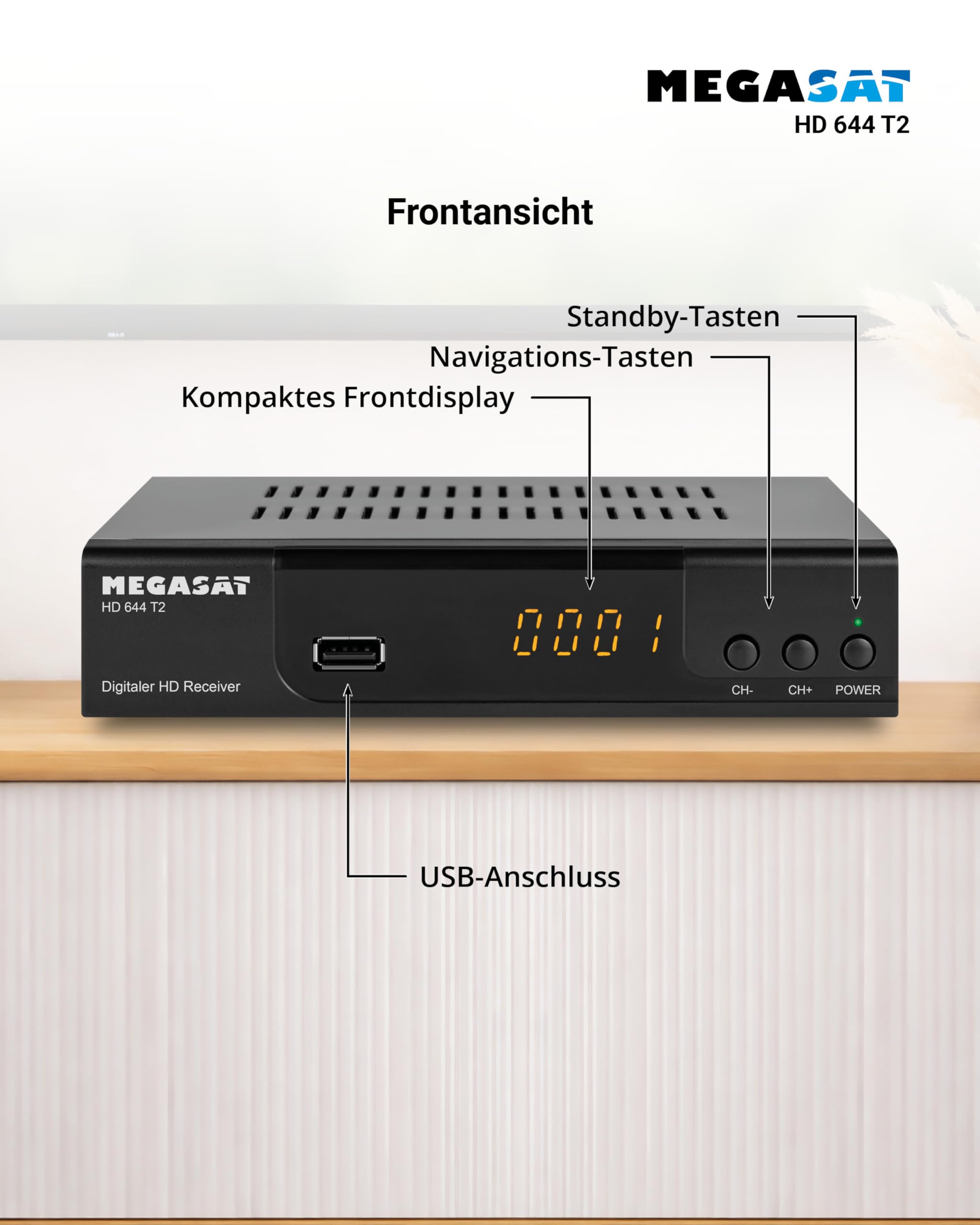Megasat HD 644 T2 – DVB-T2 Receiver für Free TV – Schwarz | Empfängt alle freien Sender über Antenne, USB-Mediaplayer, Full HD, SCART, HDMI