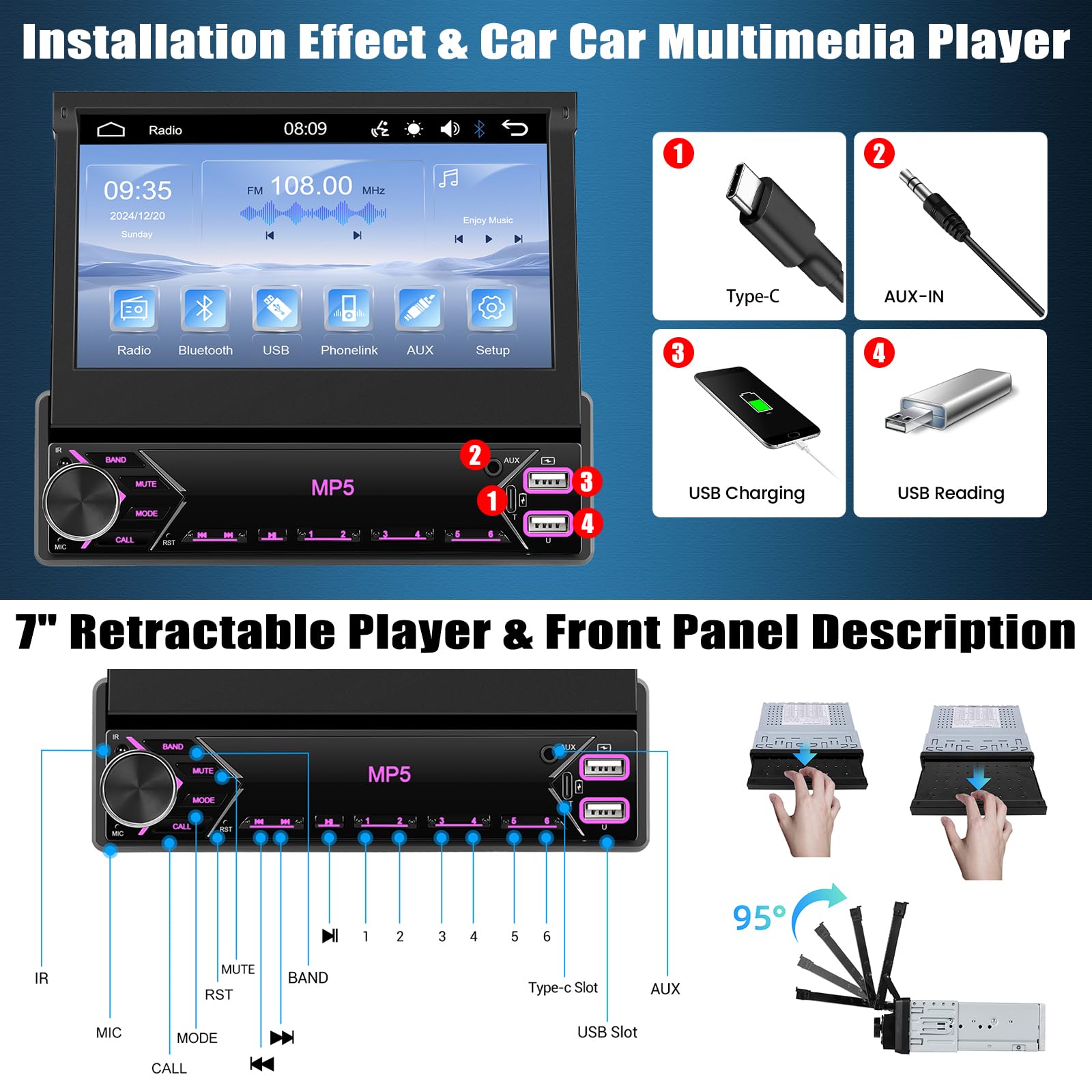 Hikity AM FM Autoradio 1 Din Wireless Carplay Android Auto, 7 inch handmatig uitschuifbaar display touchscreen auto radio met Bluetooth 5.1 handsfree radio USB AUX achteruitrijcamera
