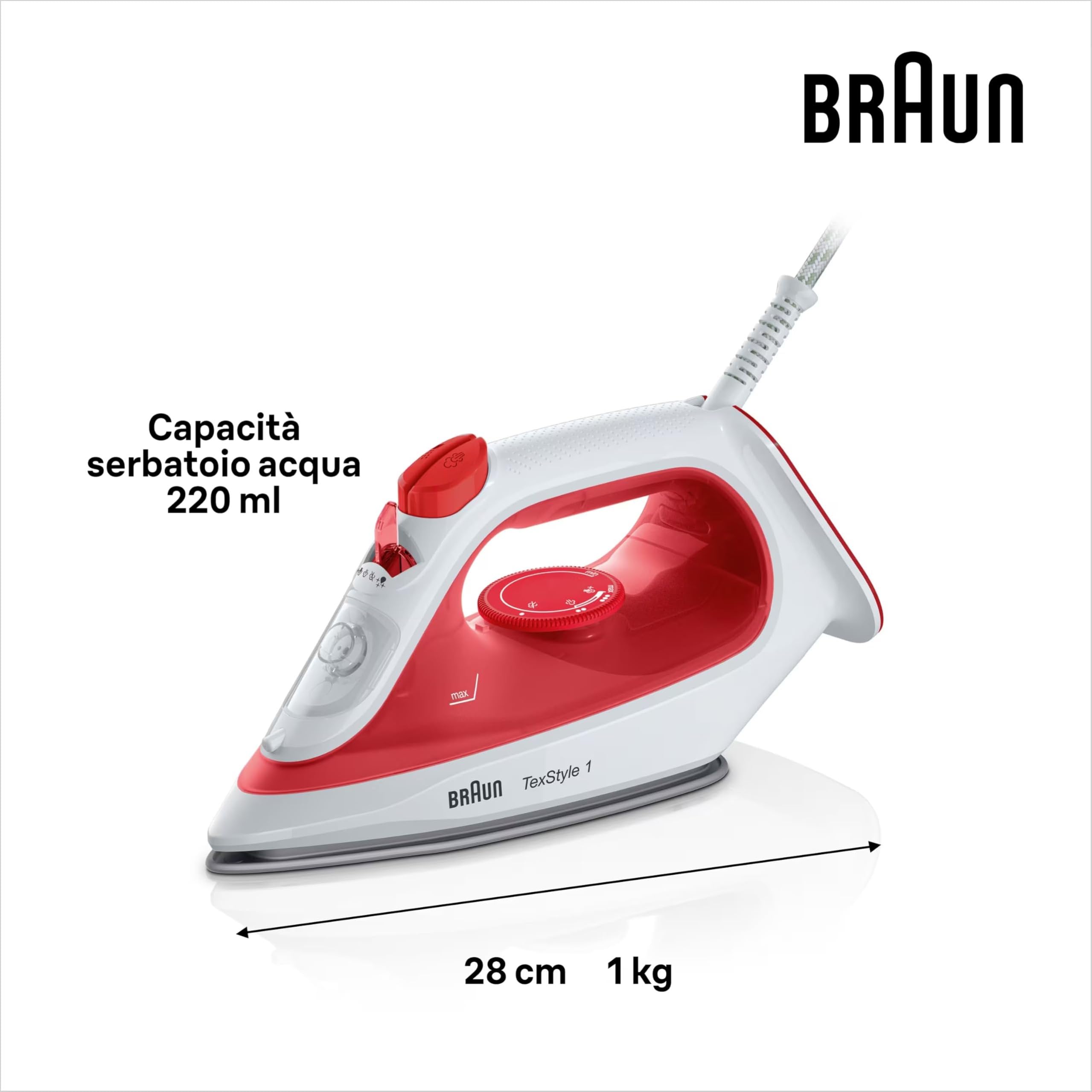 Braun TexStyle 1 SI 1019, Ferro da stiro a Vapore, Rivestimento Antiaderente, Termostato, 25g/min in modalità Turbo, Capacità Serbatoio Acqua 220ml, 1900W, Rosso/bianco