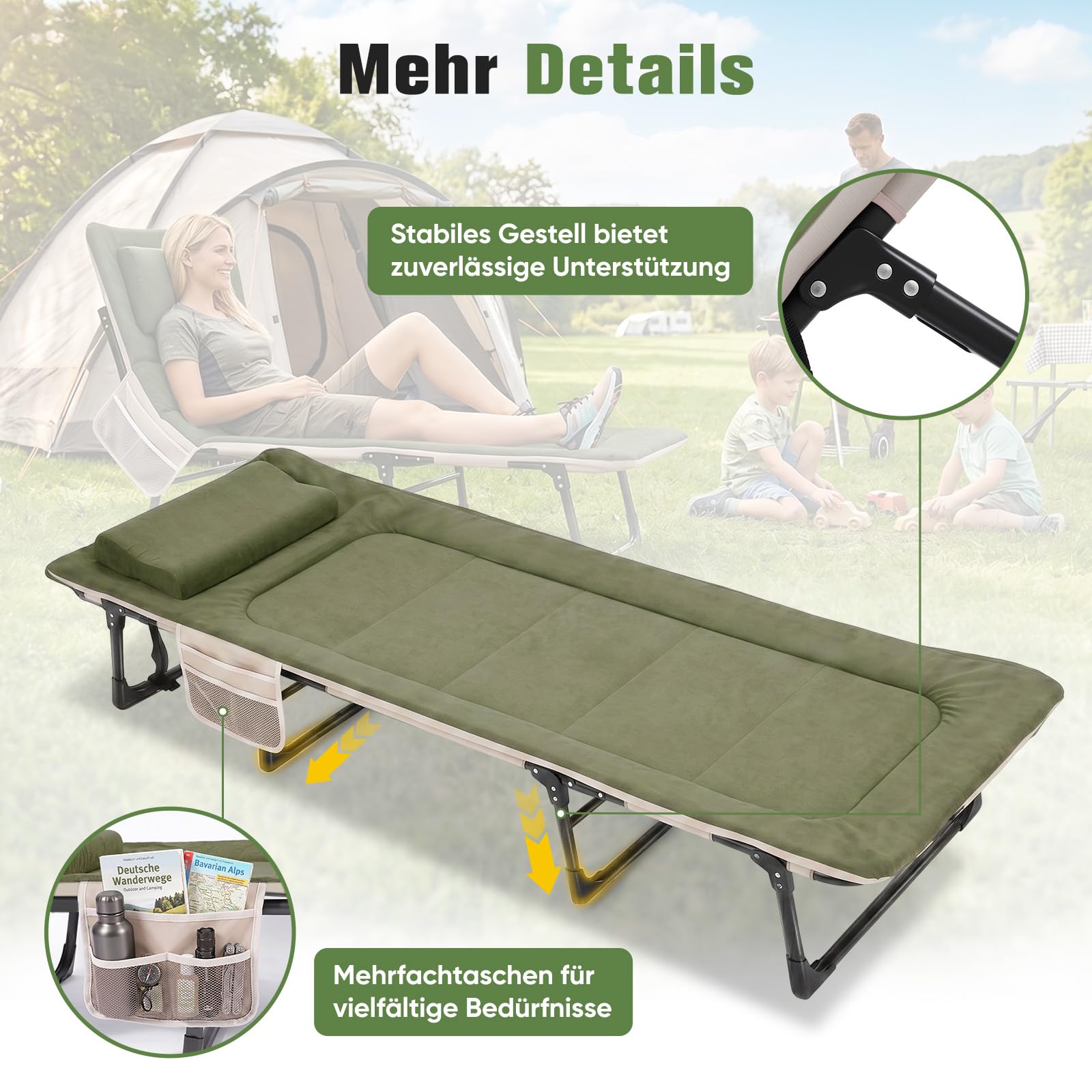 Sekey Campingbett Klappbett faltbar fГјr Erwachsene, Feldbett bis 200 kg belastbar mit Kissen, Reisebett GГӨstebett fГјr Camping, Festival, BГјro, Garten und Wohnmobil - DunkelgrГјn