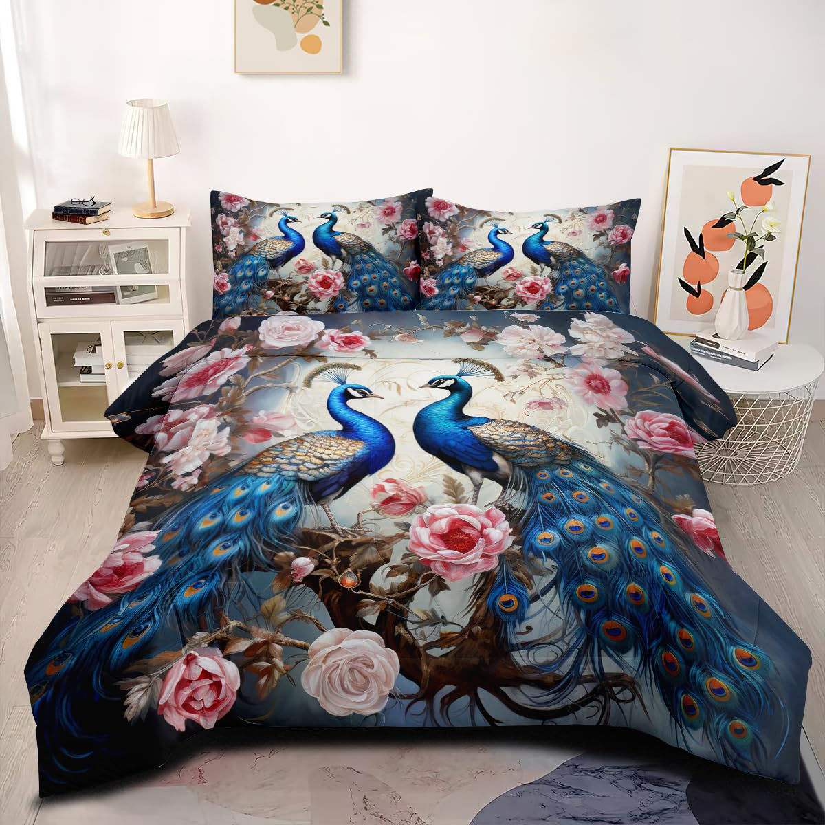 CCoutueChen Peacock Comforter Set King Size Bird Flower Bedding Blue Peacock Feather Comforter for Women Girls Soft Down Alternative Comforter for All Reason