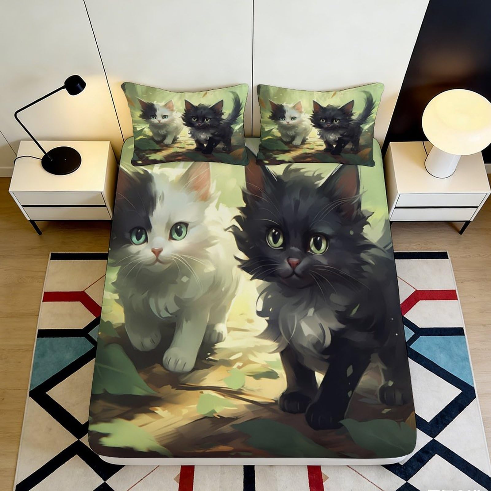 3D Printed Cute Kitten Fitted Sheet Microfiber Soft Black and White Cat Bed Sheet Anti-Slip Machine Washable for Bedroom 90x200x25cm