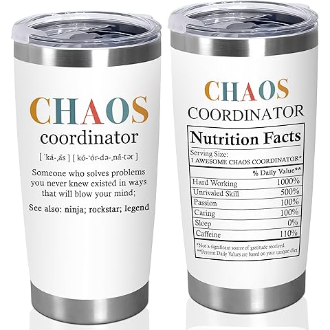 TEEZWONDER Christmas Thank You Gifts For Women - Chaos Coordinator Insulated Coffee Tumbler with Lid 20 oz - Teacher Retirement Appreciation Birthday Gifts for Women Friends Coworkers Boss Employee