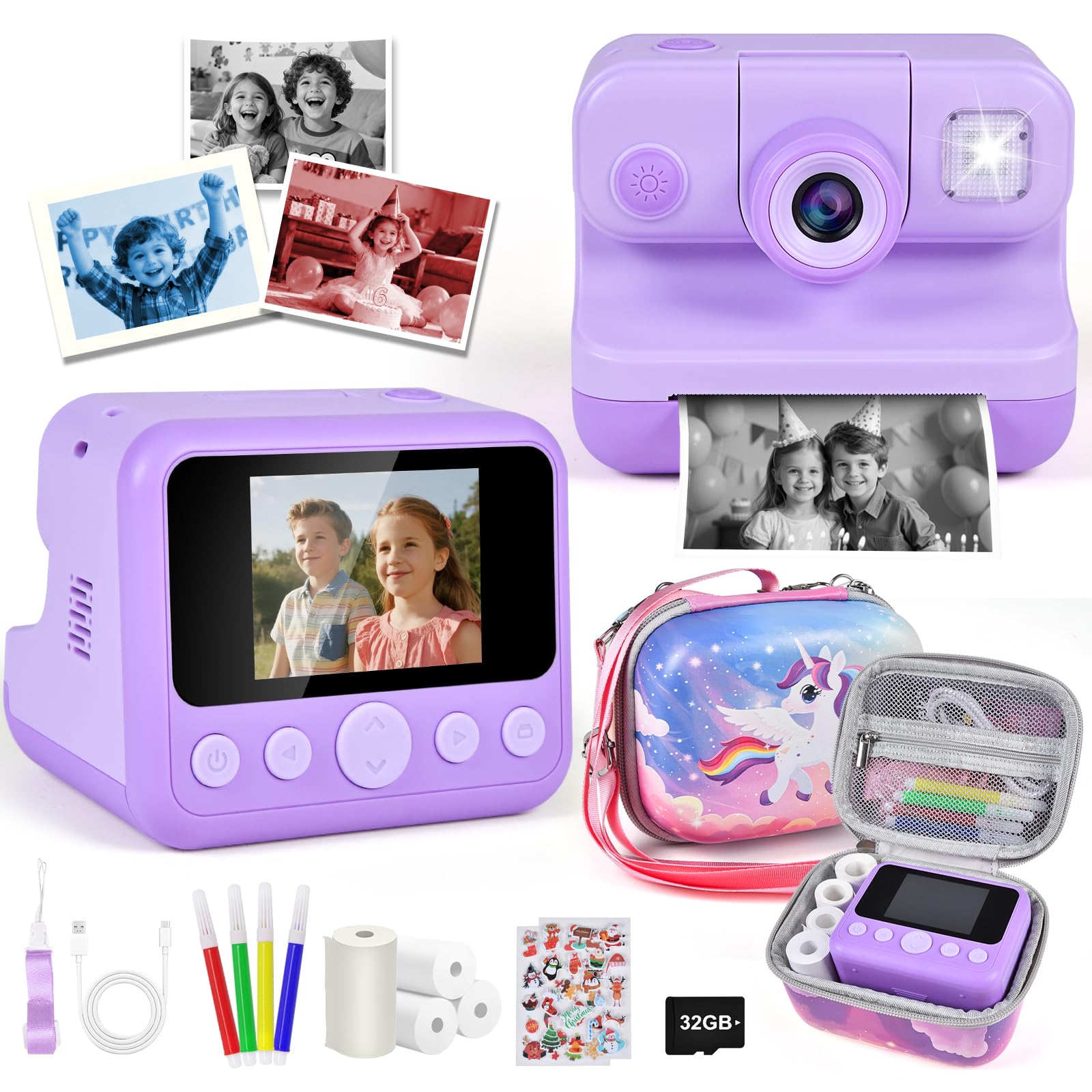 Kids Instant Print Camera with Carrying Bag, 1080P HD Digital Camera for Boys Girls with Color Pens &amp; 32GB Card, Christmas Birthday Gifts Kids Toys for 3-12 Years Old (Purple)