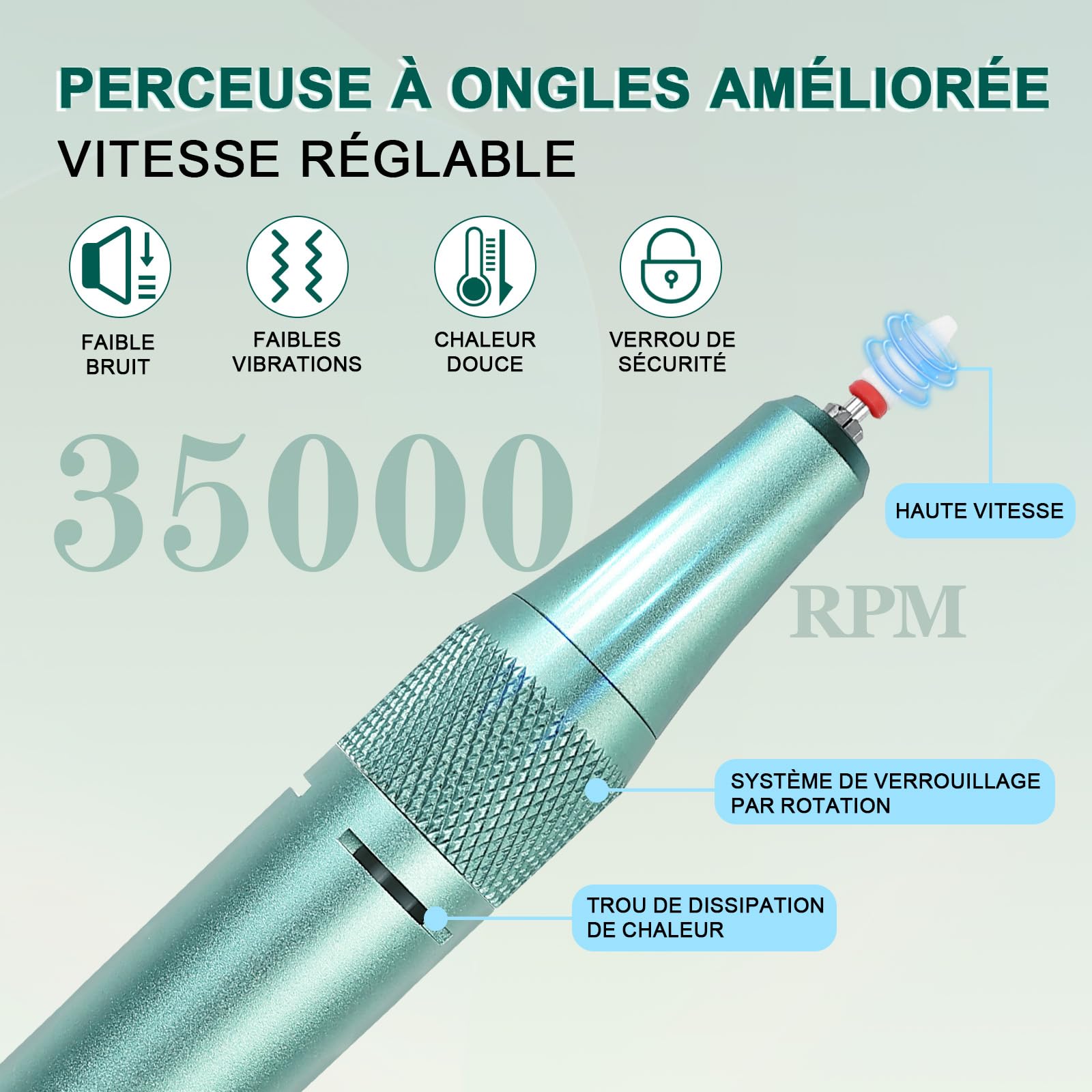 Ponceuse pour Ongles Professionnel 35000 RPM, 12 en 1 Lime a Ongle Electrique Portable, Ponceuse Ongle Sans Fil Rechargeable pour Acrylique/Gel, Machine à Ongles de Qualité Salon (Vert)