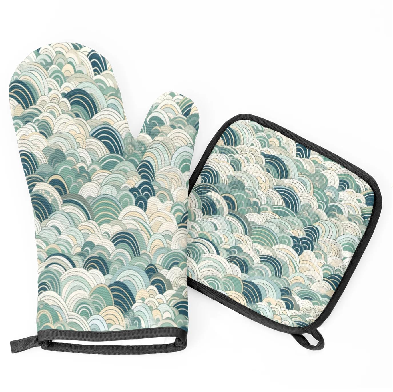 Abstract Ocean Ripple Oven Mitts Kitchen Oven Gloves for Cooking Baking Heat Proof Lining Cotton Kitchen Potholder Mittens Pot Holders Hot Pads for Chef Women Men