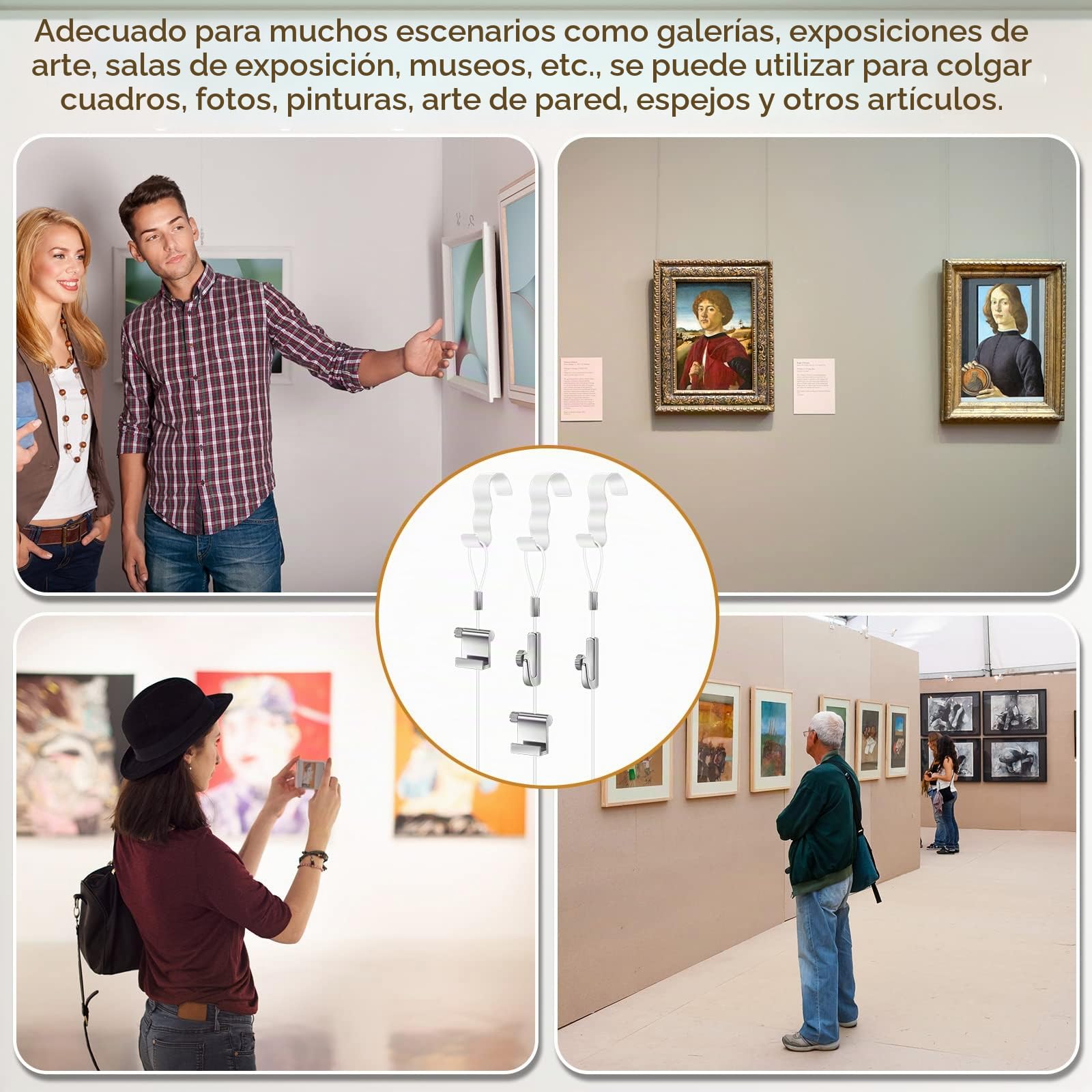 Sistema de riel para colgar fotos, ganchos de moldeo con cordón de nailon invisible y ganchos ajustables para fotos de pared, exposición, suministros de galería de arte, color blanco (10 unidades)
