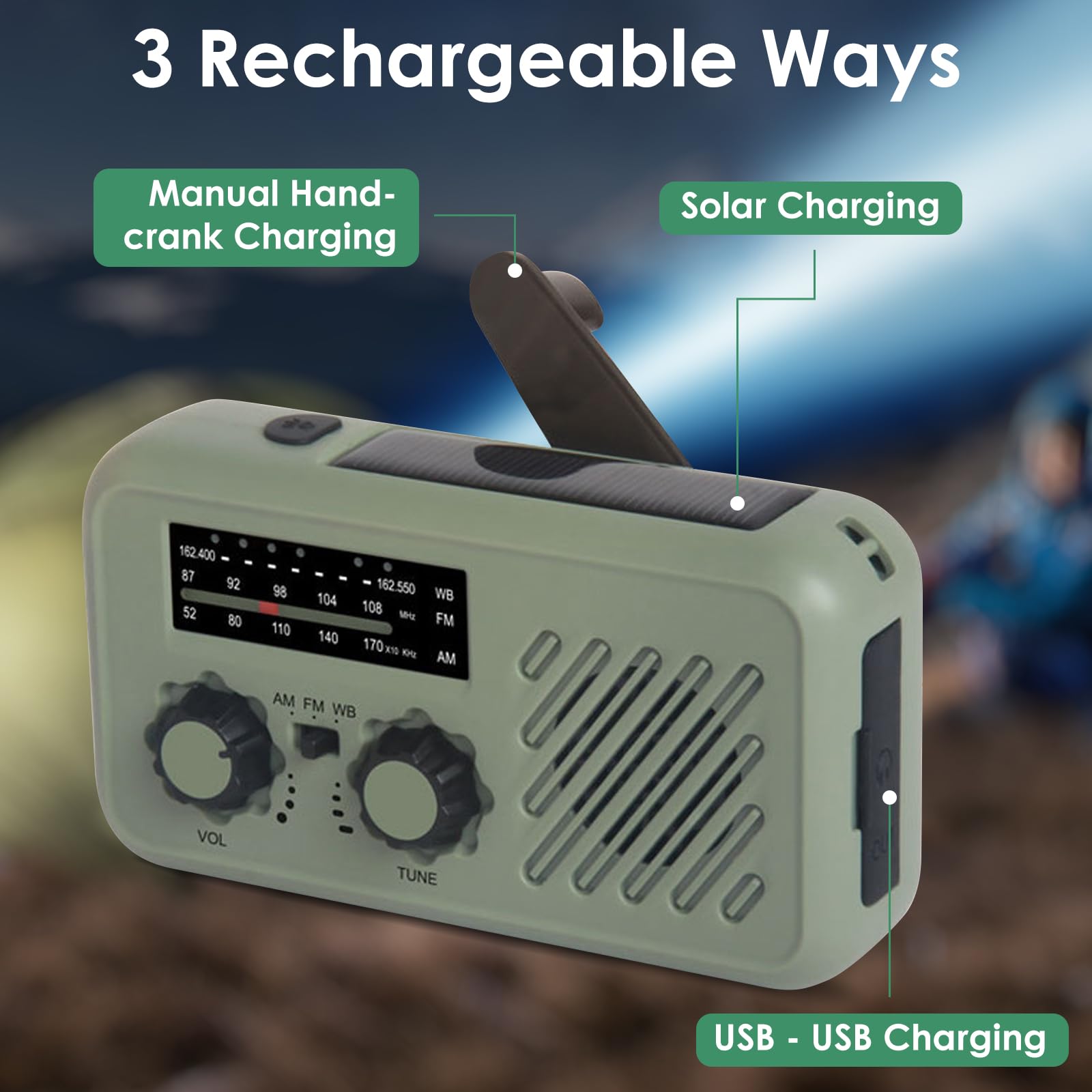 Radio de Emergencia Portátil, FM/Am Emergency Radio con Solar Recargable Radios de Dinamo con Manivela, SOS Allarme, Powerbank, Radios Solare Kit di Emergenza Dinamo per Campeggio, Ourdoor