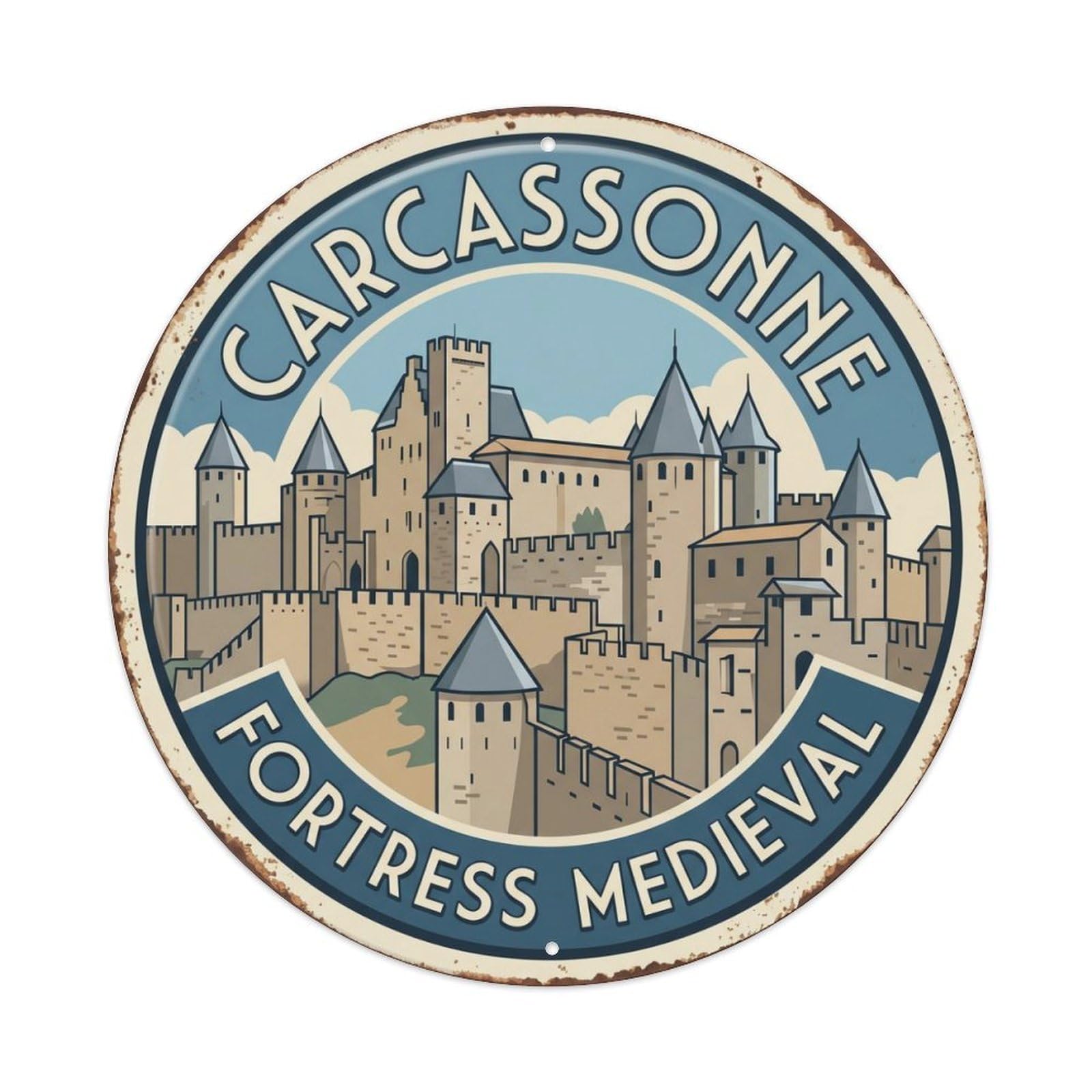 Carcassonne Fortress Medieval France Citadel Vintage Metal Tin Sign Plaque Wall Decor for Cafe, Club, Garden Round Metal Poster 8x8Inch
