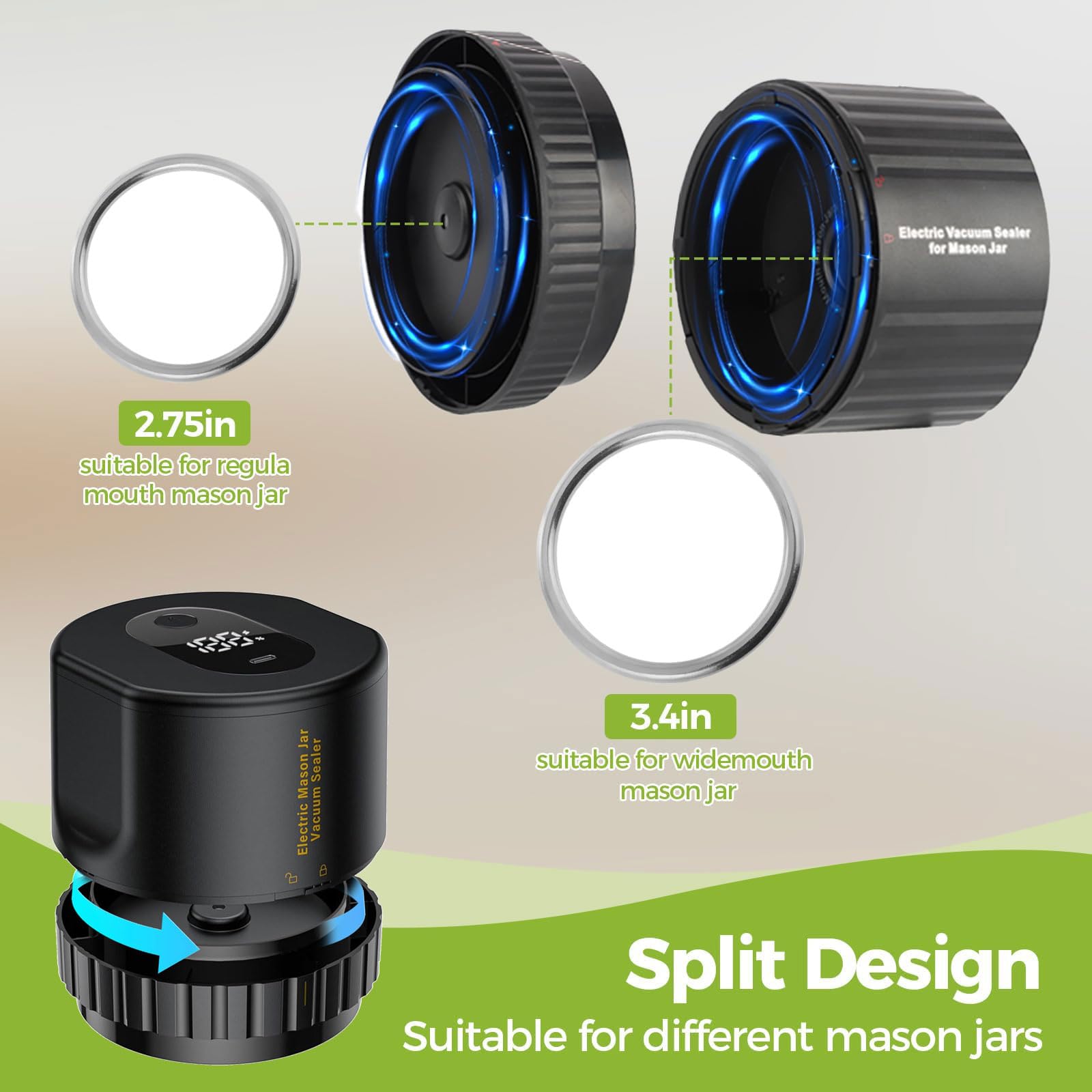 Domigard Macchina Sottovuoto Alimenti Barattolo di Vetro, Elctrtici Mason Jar Vacuum Sealer,10 Coperchi Inclusi, adatto Sigillare Alimenti in Vasetti (Nero)