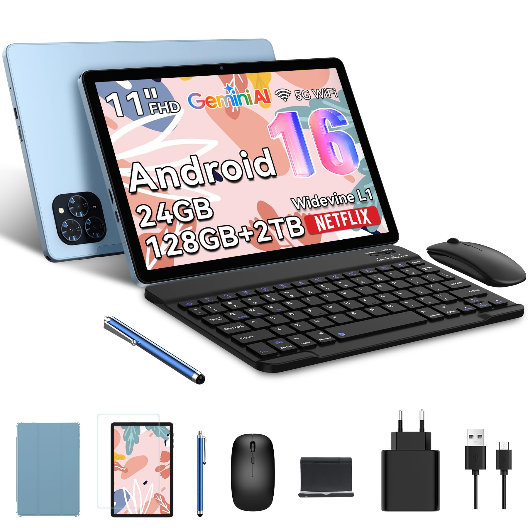 TABWEE Android 16 Tablet con Tastiera, 11 pollici 90Hz FHD, 24GB RAM+128GB ROM (2 TB TF), 8000 mAh, Widevine L1, Gemini AI 3.0, 13MP, GPS, Face ID, 3.5 mm Jack Port -Blu (4 Anni Garanzia)