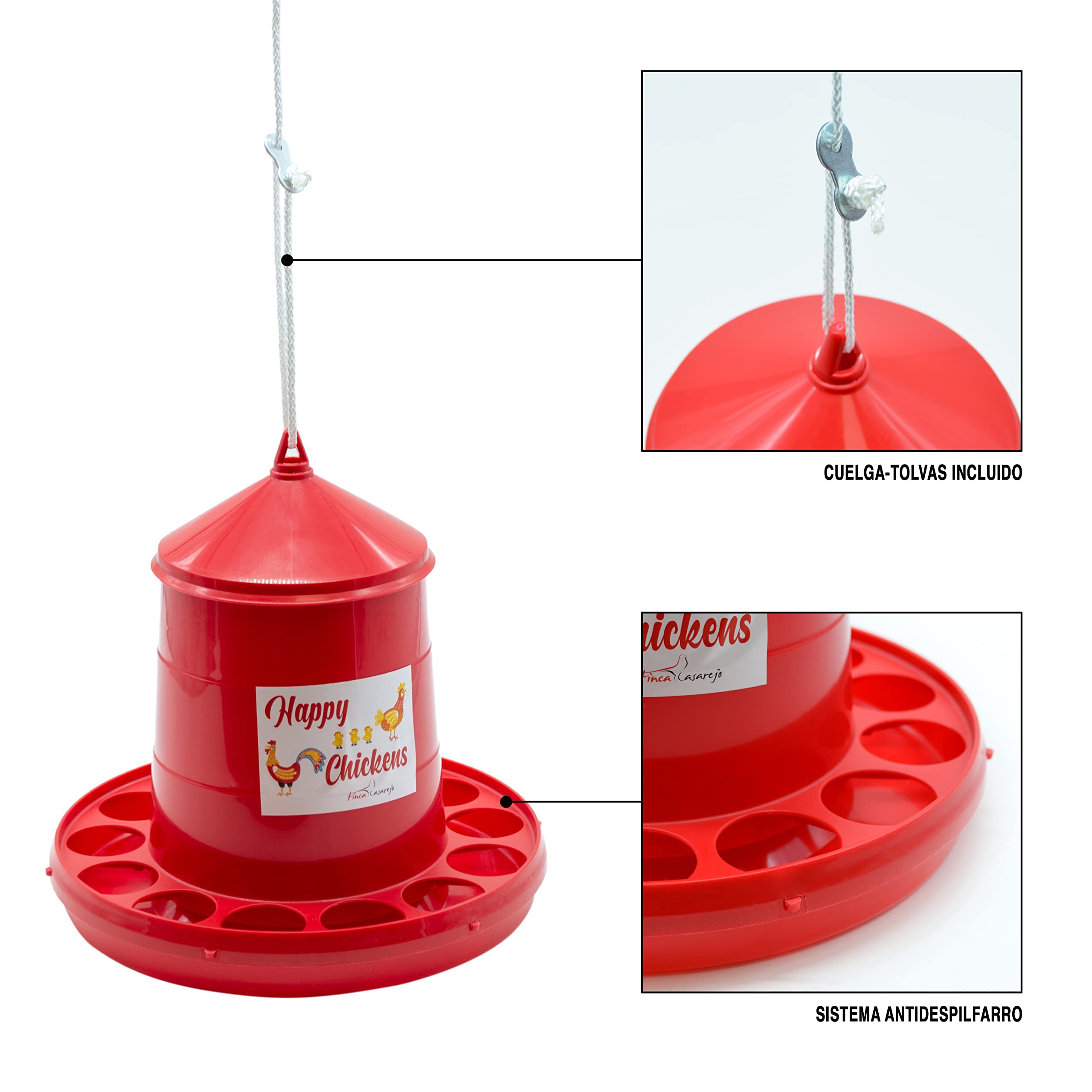FINCA CASAREJO Comedero para Gallinas con Sistema Antidespilfarro - Tolva Happy Chickens 8 kg - Plástico Resistente para conservar el alimento - Incluye Guía Práctica de Alimentación - 3