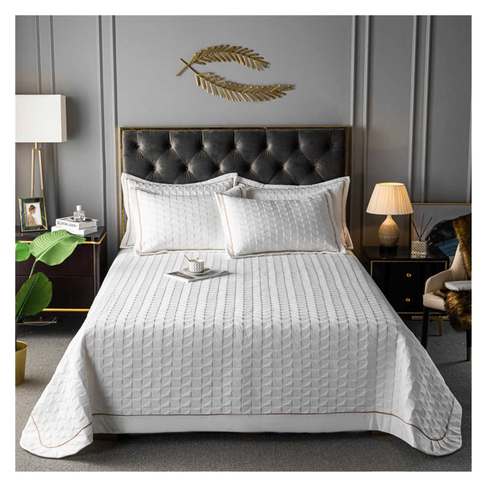 ADovz Set trapunta copriletto con gonna trapuntata in poliestere/cotone, 3 pezzi, copriletto, federe, coperta,Lenzuola