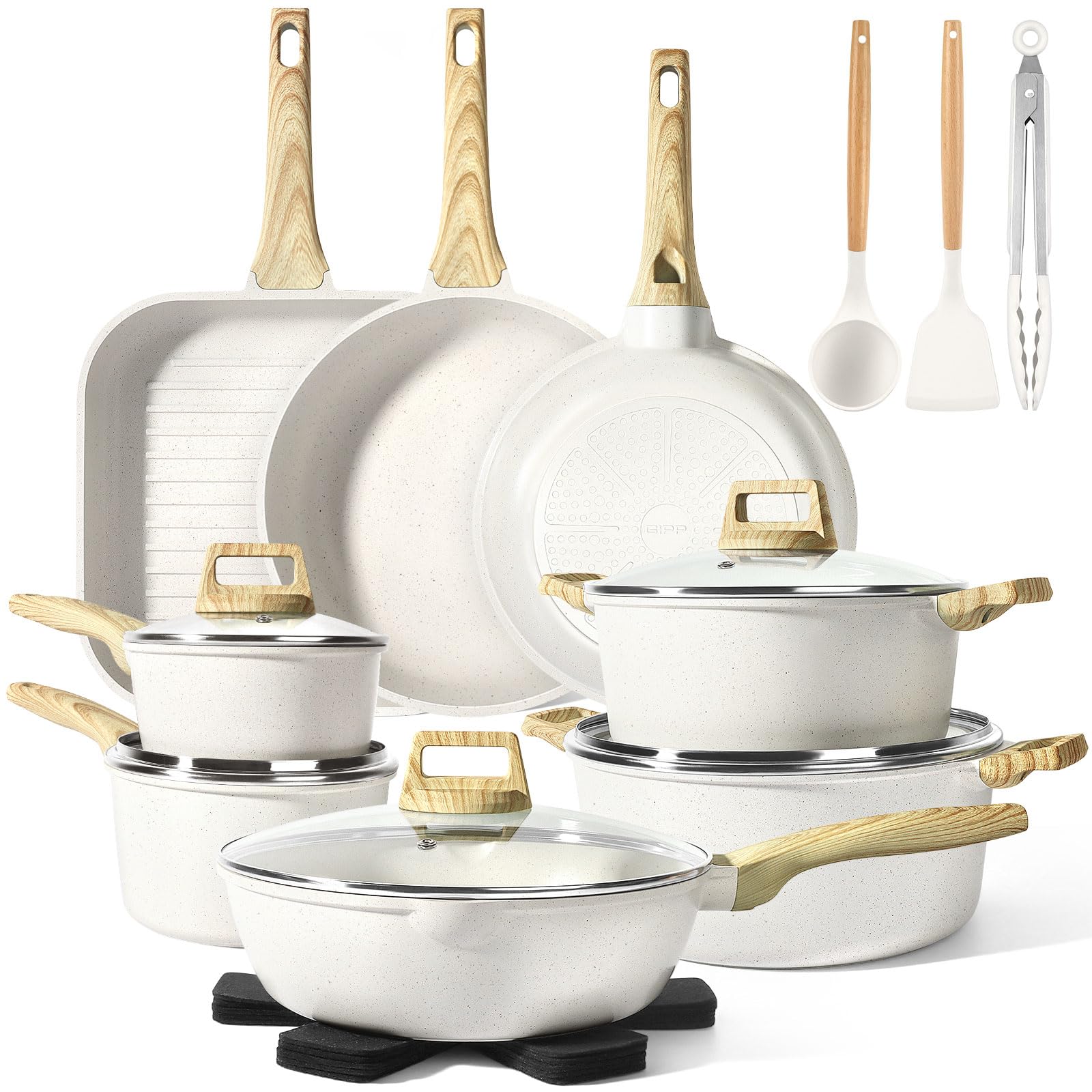 GiPP 21Psc Pots and Pans Set Non Stick - White Granite Kitchen Cookware Sets Nonstick Induction Cookware Non-toxic Cooking Pan Set with Silicone Utensils, PFOS and PFOA Free