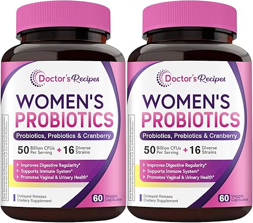 Doctor's Recipes Probióticos para mujeres, 50 mil millones de UFC, 16 cepas, con prebióticos orgánicos de arándano, estable en el almacenamiento,