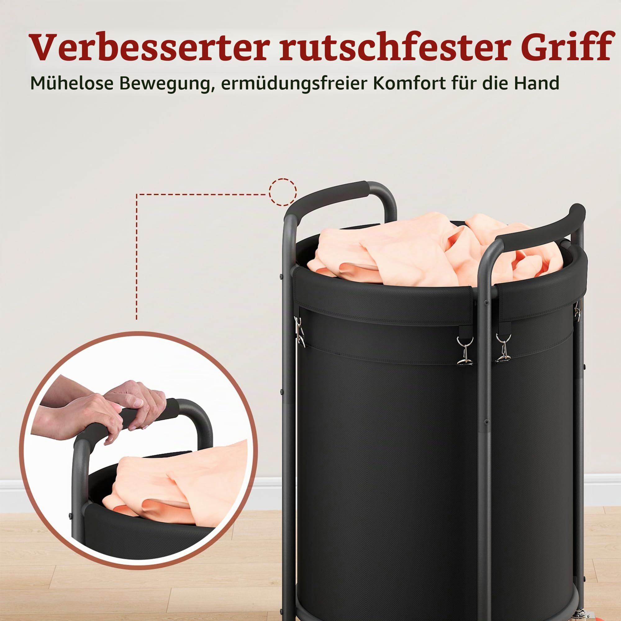 FAVOOSTY Wäschekorb mit Rollen, 190L Wäschewagen 2 Fächern, Wäschekorb Groß, Runder Wäschesammler mit Griff, Stahlrahmen und Abnehmbarem Beutel zur Kleideraufbewahrung