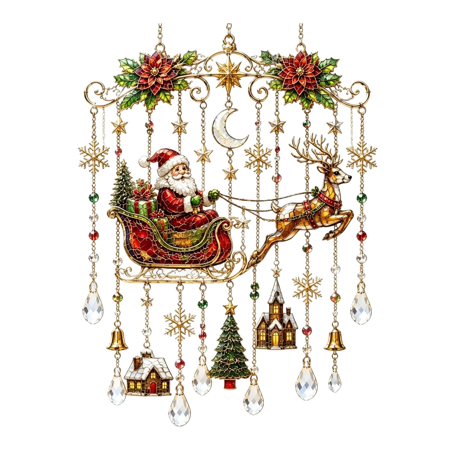 Handmade Christmas Window Hanging, 3D Sparkling Christmas Stained Glass Style Sun Catcher, Santa Reindeer Holiday Wind Chime with Crystal Drops, Festive Holiday Ornament Decor for Home Tree，#A