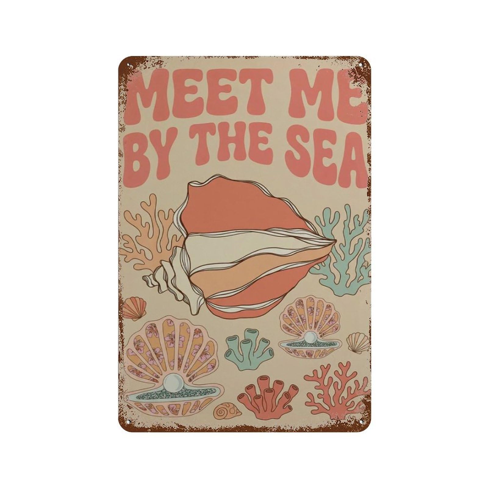 xiaoxiaoshen Meet Me By The Sea Coastal With Seashell Coral And Pearl Beach House Linocut Wall Decor Art Metal Tin Poster Modern Home Decor Art Home Bar Shop Decorations Vintage Sign 30x20cm
