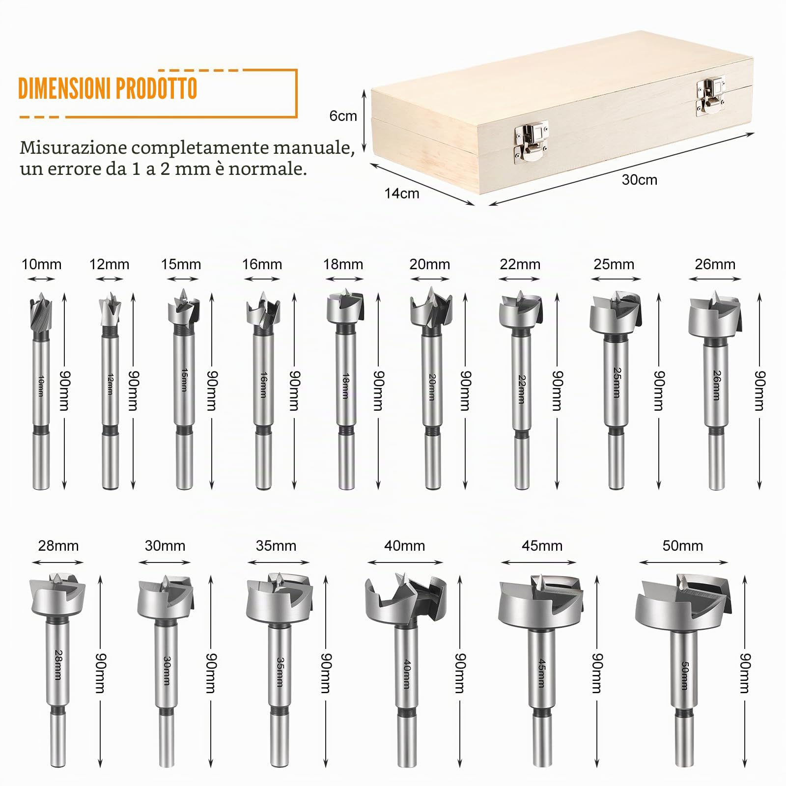 Gueenky 15 Pezzi Punte Forstner, 10-50 mm Forstner Drill Bits Set Frese Forstner per Legno con Gambo Rotondo per Trapano per Legno Duro Tenero