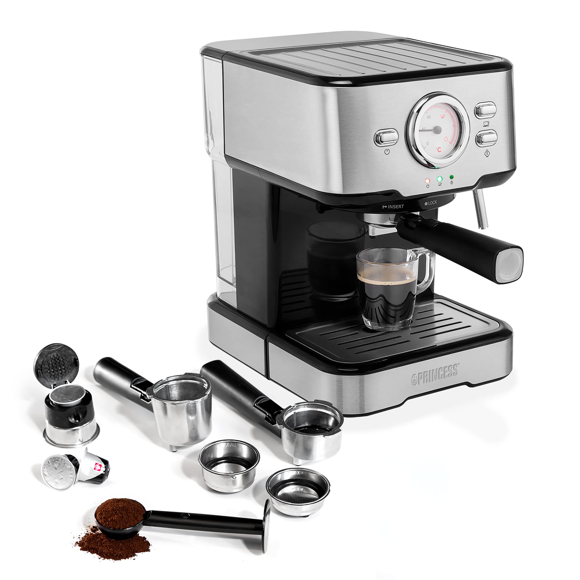Princess 249412 Máquina de café para Espresso, Compatible con cápsulas Nespresso y café molido, 1 o 2 tazas, 20 bares de presión, Depósito extraíble de 1.5L, con espumador de leche, 1100 W