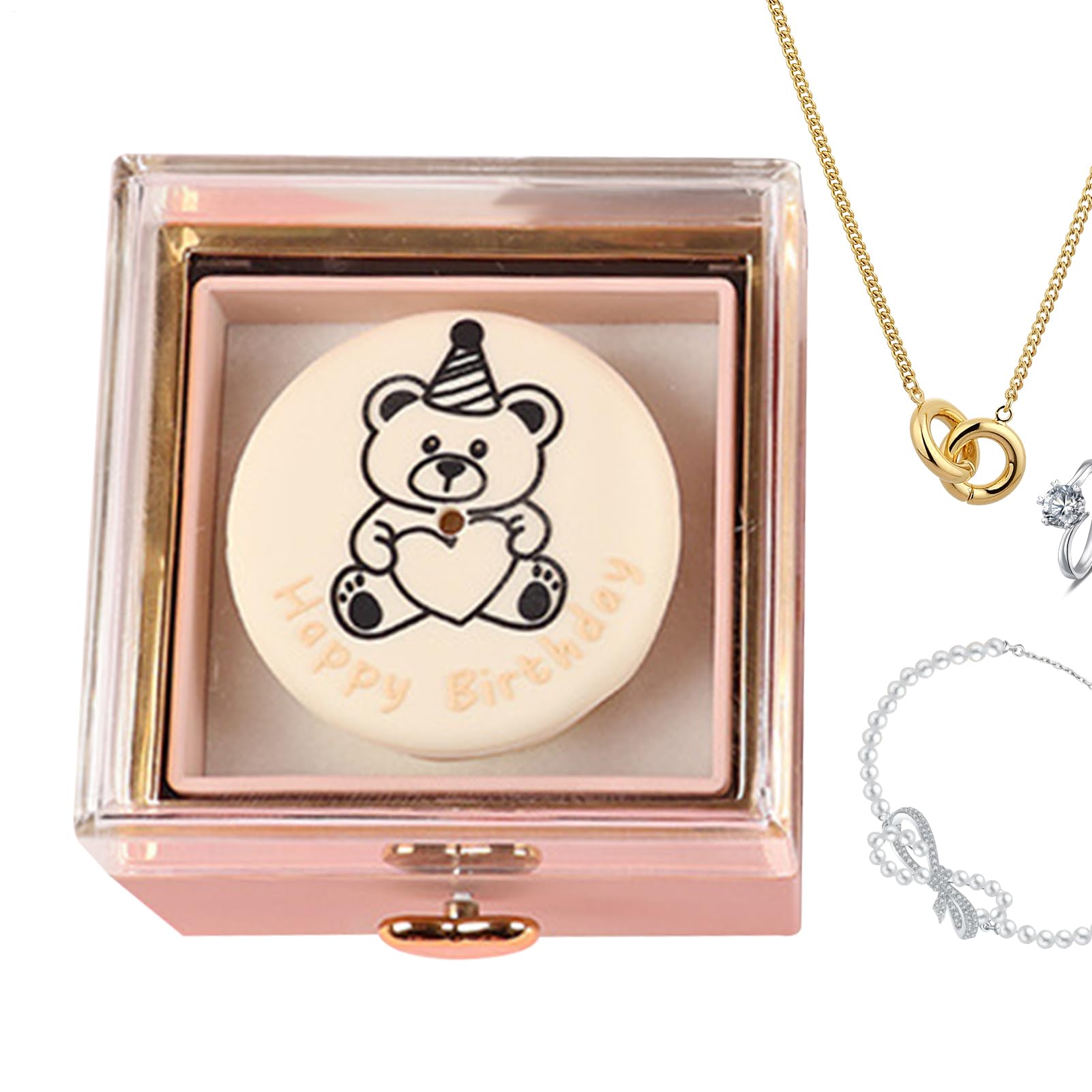 Generisch Ring Box, Rotating Reversible Bear Cake Jewelry Holder, Unique Display Storage Rings, Earrings, Accessories, Idea 3.15x3.15x3.15 inches for Women, Men, Birthday
