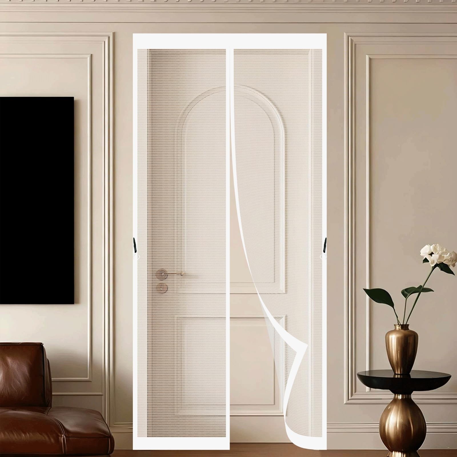 Pshzhim White Fly Screen For Doors 120 X 220 Cm Self-Sealing Mesh Powerful Magnets And Adhesive Strips, Hands-Free Closing Magnetic Fly Screen Doors For Outdoor, Gym, Sun House Porch,