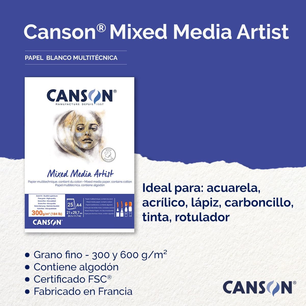 CANSON Mixed Media Artist Pad, 300gsm, A4 Glued Pad, 25 Sheets, for Professional Artists & Students