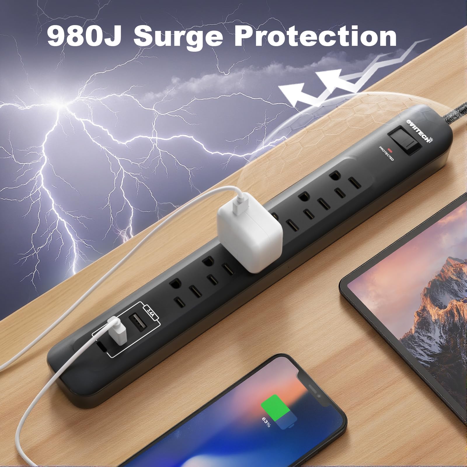 Oviitech - Tira de alimentación con puerto USB, 6 tomas de corriente alterna con 3 puertos USB (2 usb-A, 1 usb-C), cable de extensión de 5 pies para el hogar, oficina, viajes y recámara, color negro