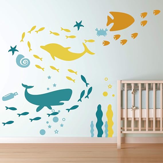 Ocean Wall Decal- Under The Sea Fish Vinyl Wall Stickers for Kids Boys Girls Room Bedroom Nursery Decor