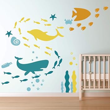 Ocean Wall Decal- Under The Sea Fish Vinyl Wall Stickers for Kids Boys Girls Room Bedroom Nursery Decor