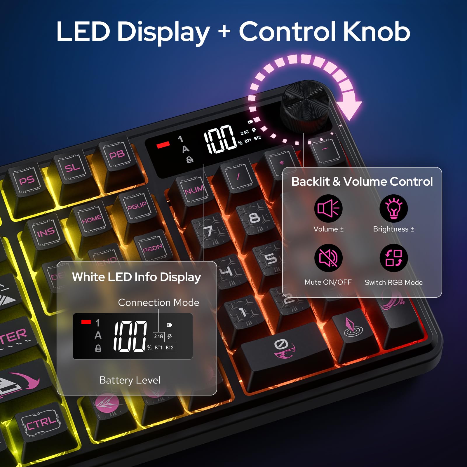 Redragon Teclado inalámbrico K526 PRO RGB para juegos, teclado de 104 teclas de tacto mecánico con pantalla de información LED, control de perilla retroiluminada, interruptor lineal suave y compatible