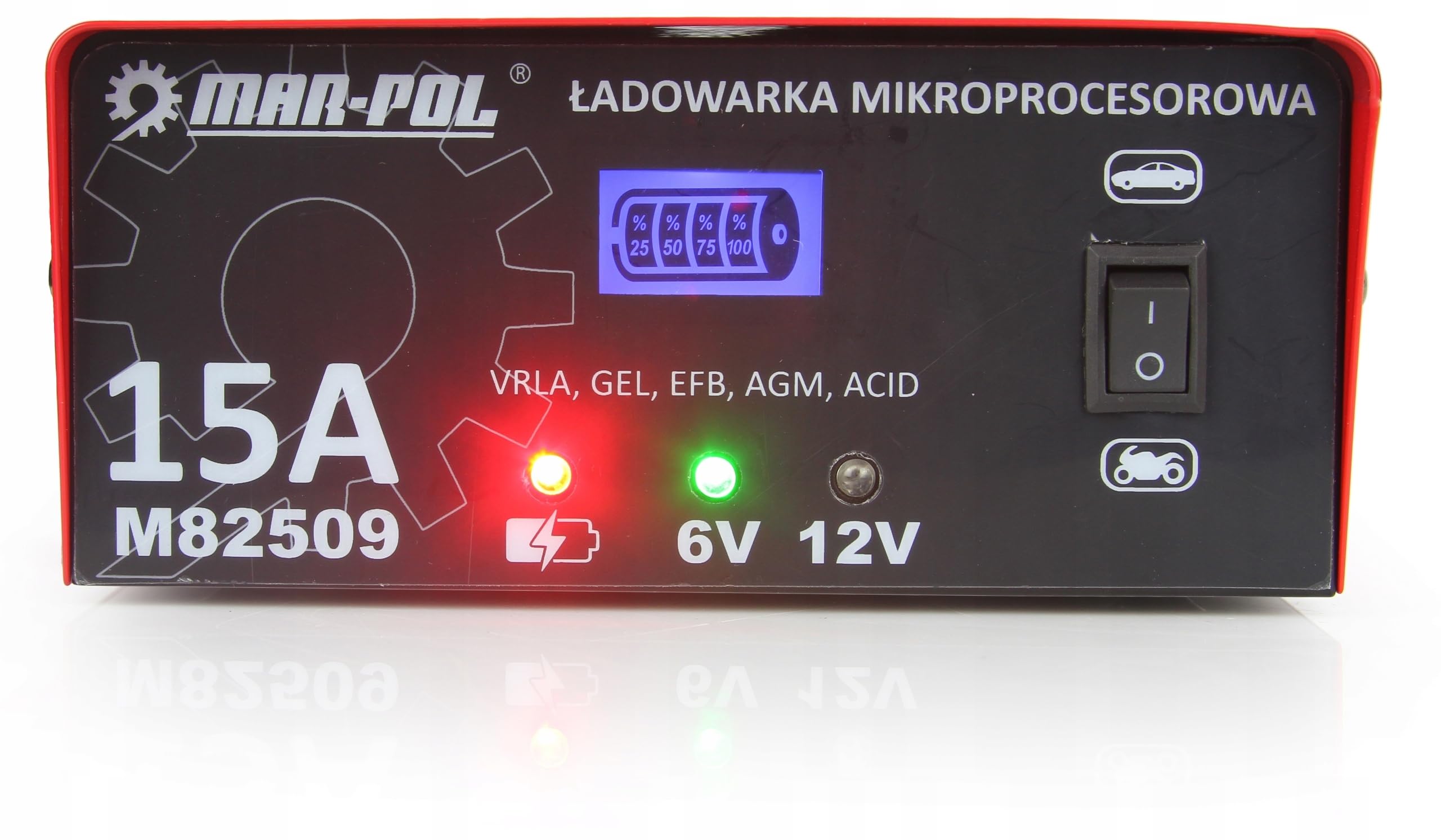 Caricabatterie Intelligente a Microprocessore per Auto Moto | 230V / 50 Hz | 15 A | Batterie Supportate VRLA, WET, GEL, EFB, AGM con Rilevamento Automatico | Sistema PWM | 8 Fasi di Carica