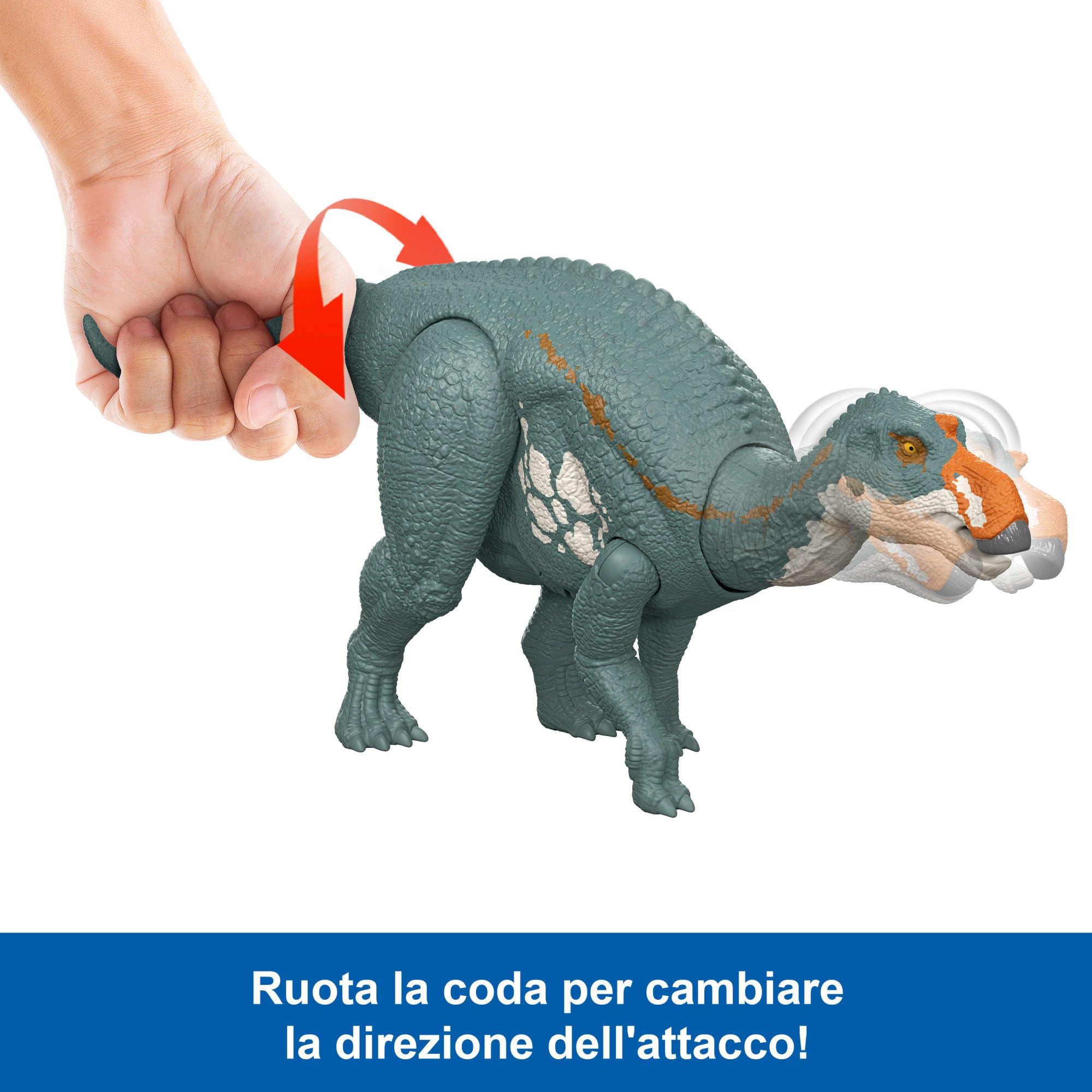 Mattel Jurassic World La Rinascita Maiasaura Ruggito Selvaggio, dinosauro giocattolo con attacco multidirezionale azionato con la coda e suoni, snodato, gioco digitale, JGC82