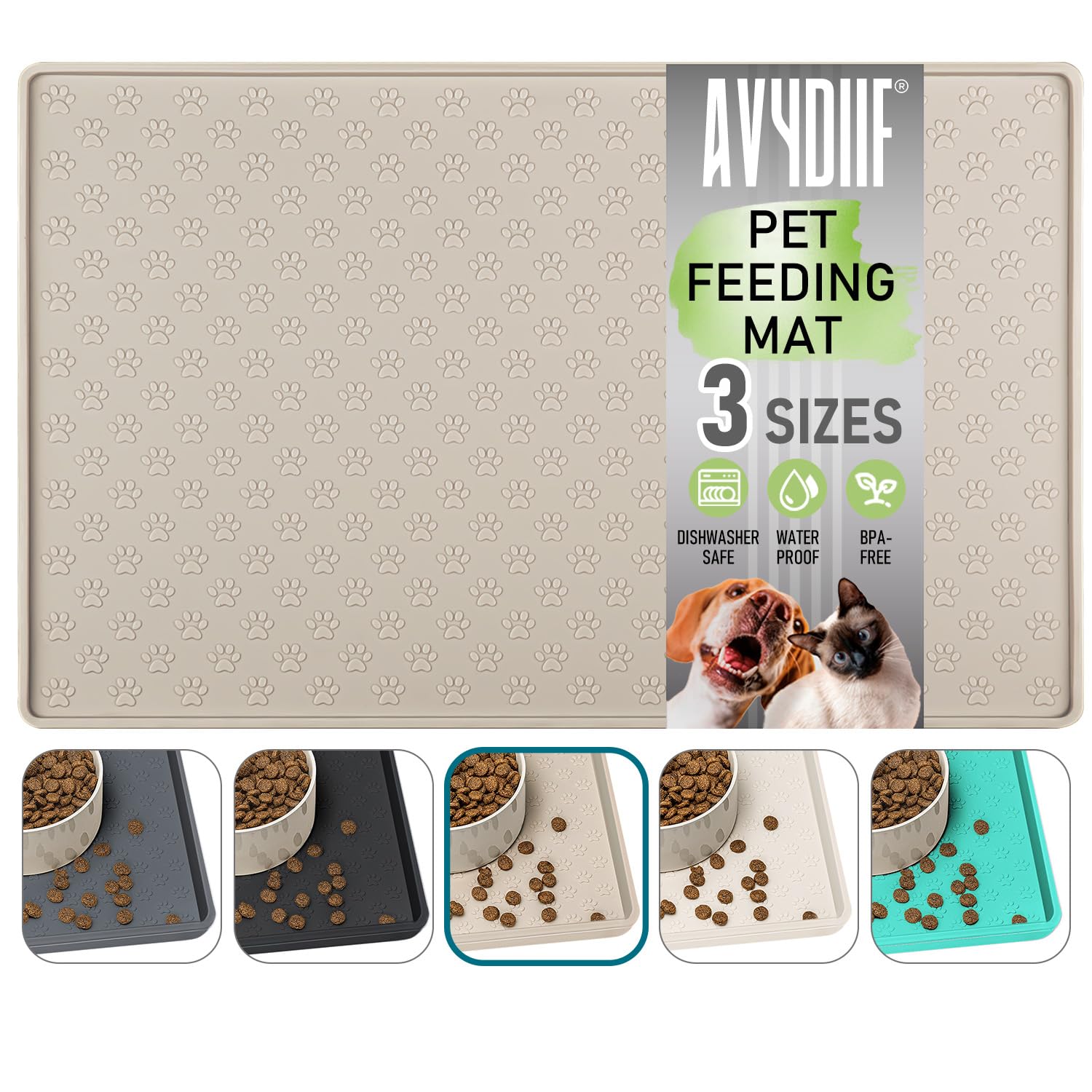 Silicone Dog Cat Food Mat, Waterproof Slip Resistant Raised Edge Pet Feeding Mat, Anti-Messy and Prevent Spill on Floor, Dishwasher Safe (Beige, 24" X 16") โ image 1