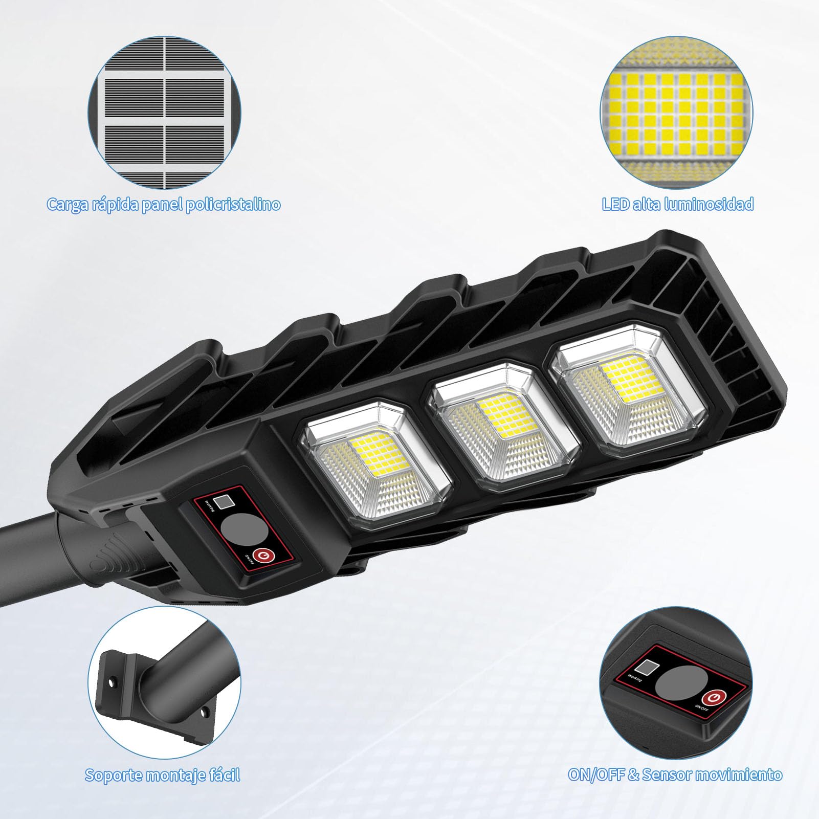 JESLED Farola Solar LED 90W con Sensor de Movimiento y Mando - 6000mAh Batería Luz Exterior IP65 6500K para Jardín/Calles, Luces Solares Exteriores Impermeables con Control Remoto