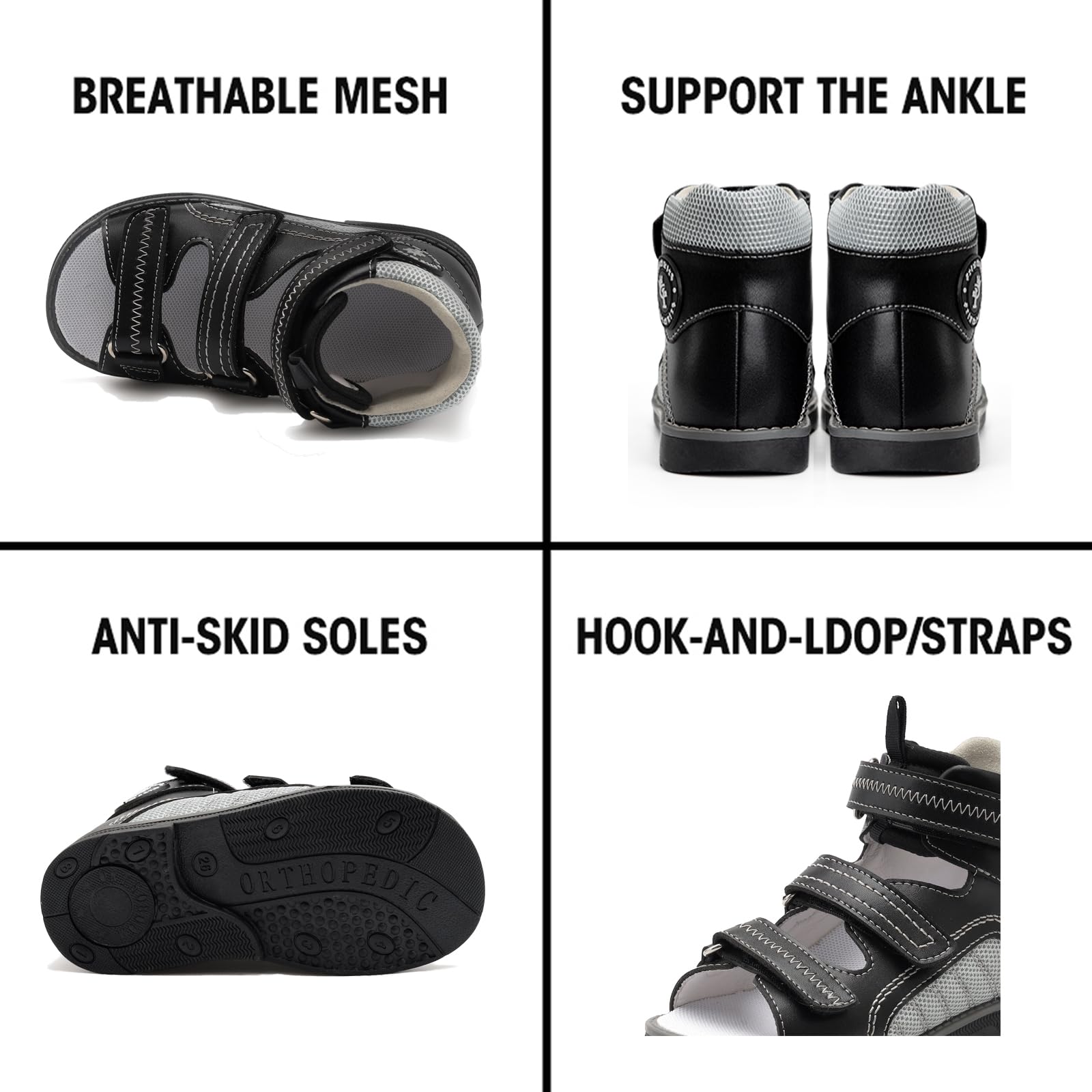 Sandalias ortopédicas para niños pequeños con soporte para arco y tobillo, zapatos negros con respaldo alto para niños