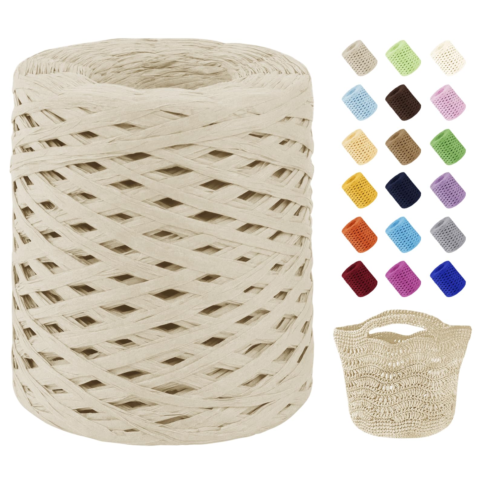 Uiopa Raffia Ribbon for Crochet, 3mm x 200m Raffia Paper Ribbon Straw Crochet Yarn for Crocheting Beach Bags, Sun Hats, Home Decor, DIY Crafts (Khaki White)