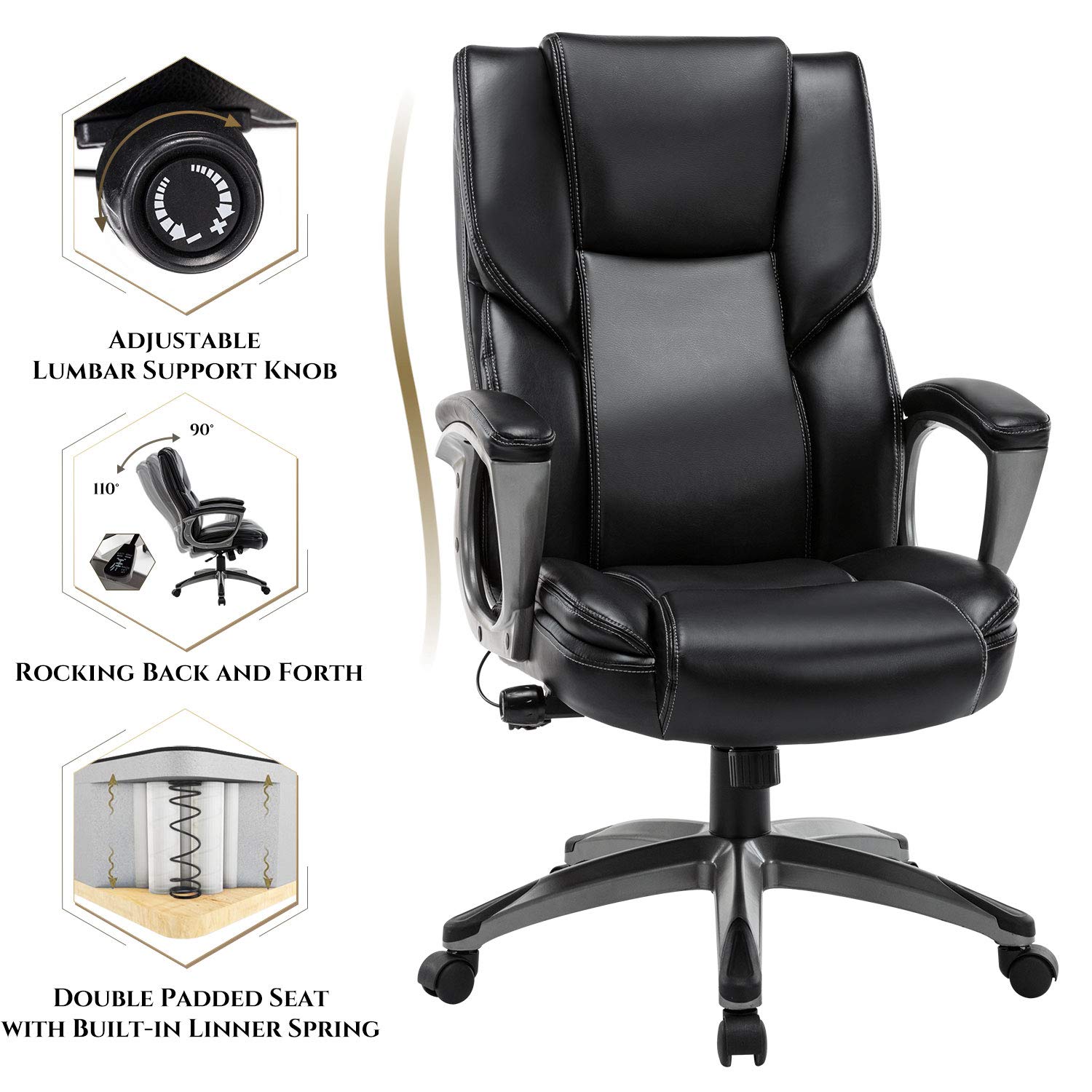 STARSPACE Bonded Leather Office Chair - Adjustable Lumbar Support Knob and Tilt Angle High Back Executive Computer Desk Chair, built-in inner spring For Comfort and Ergonomic Design For Lumbar Support