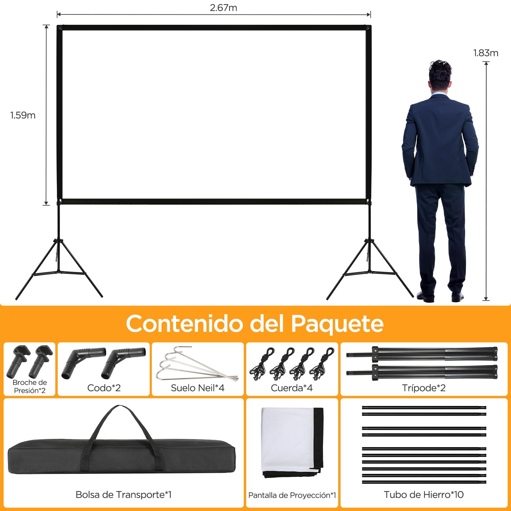 VISULAPEX Pantalla Proyector Portátil 120 Pulgadas con Tripode - Pantalla de Proyección 16:9 4K Full HD Aluminio para Cine casa Camping Eventos Recreativos