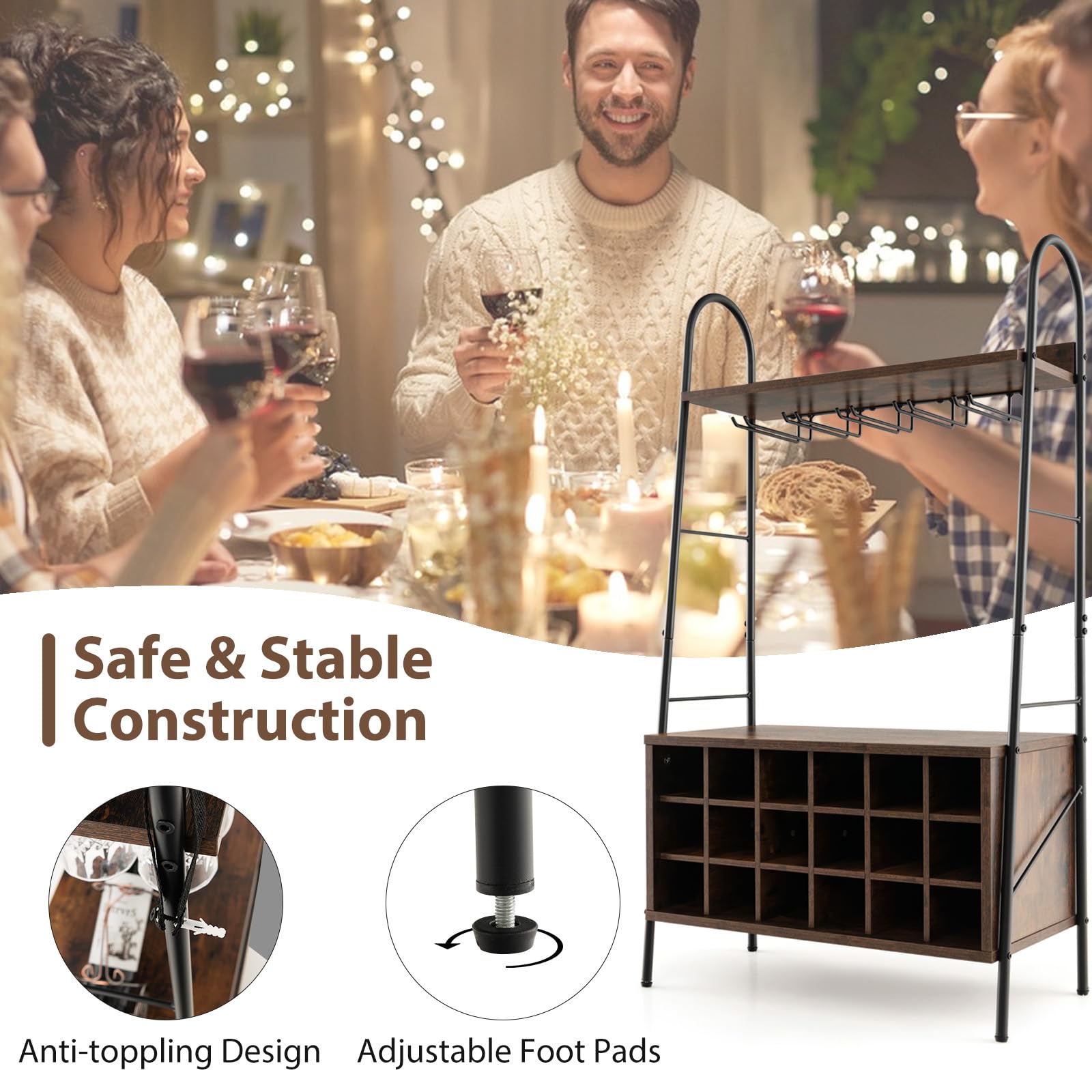 KOMFOTTEU Botellero para 18 Botellas, Estantería para Vino con Soporte para 15 Copas, Organizador de Botellas con Estantes Abiertos para Cocina, Comedor, Bar, 63 x 32 x 114,5 cm