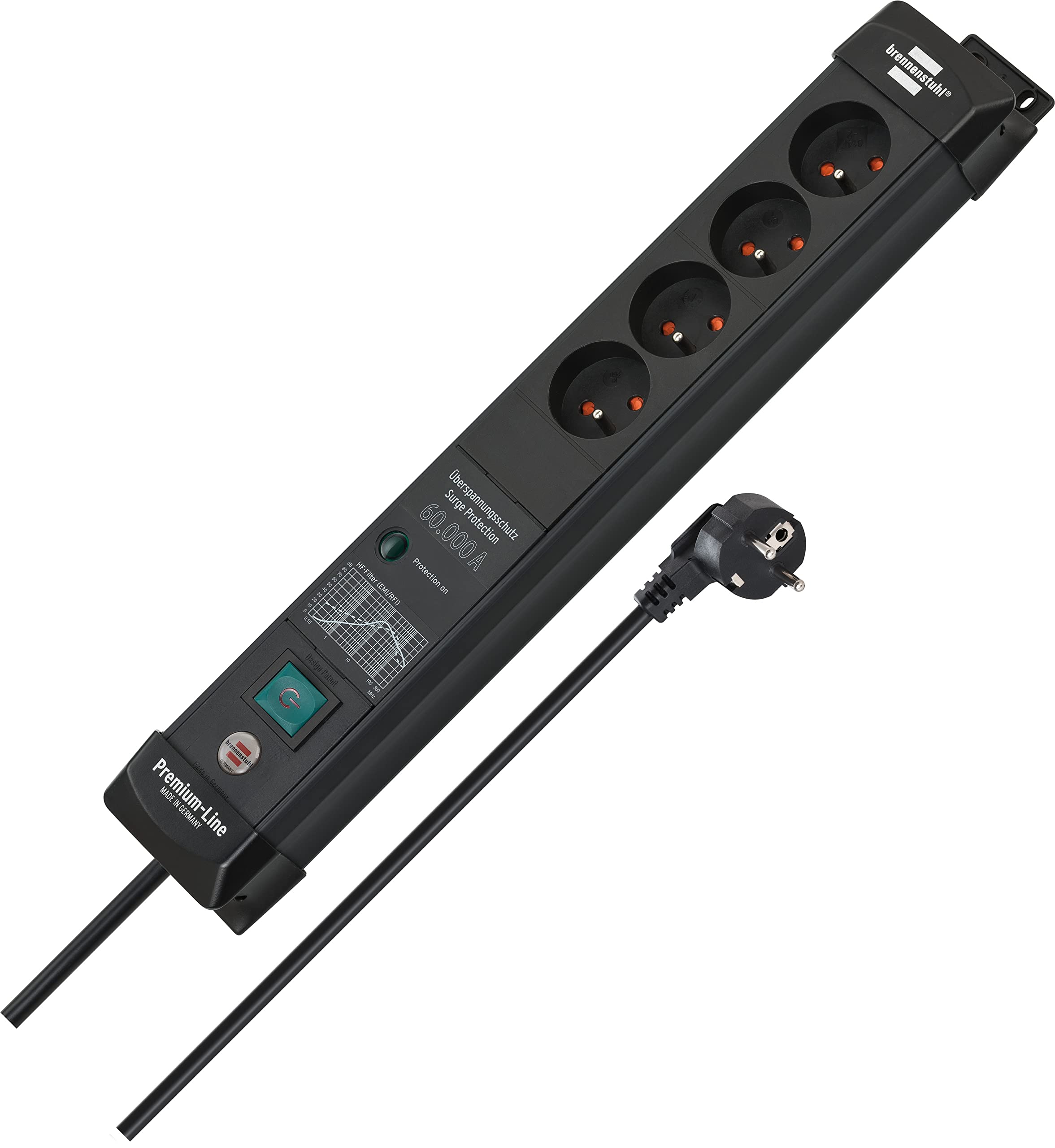 Brennenstuhl Premium-Line, Steckdosenleiste 4-fach, 3m | Mit Überspannungsschutz bis zu 60.000 A, mit Schalter, Made in Germany, schwarz