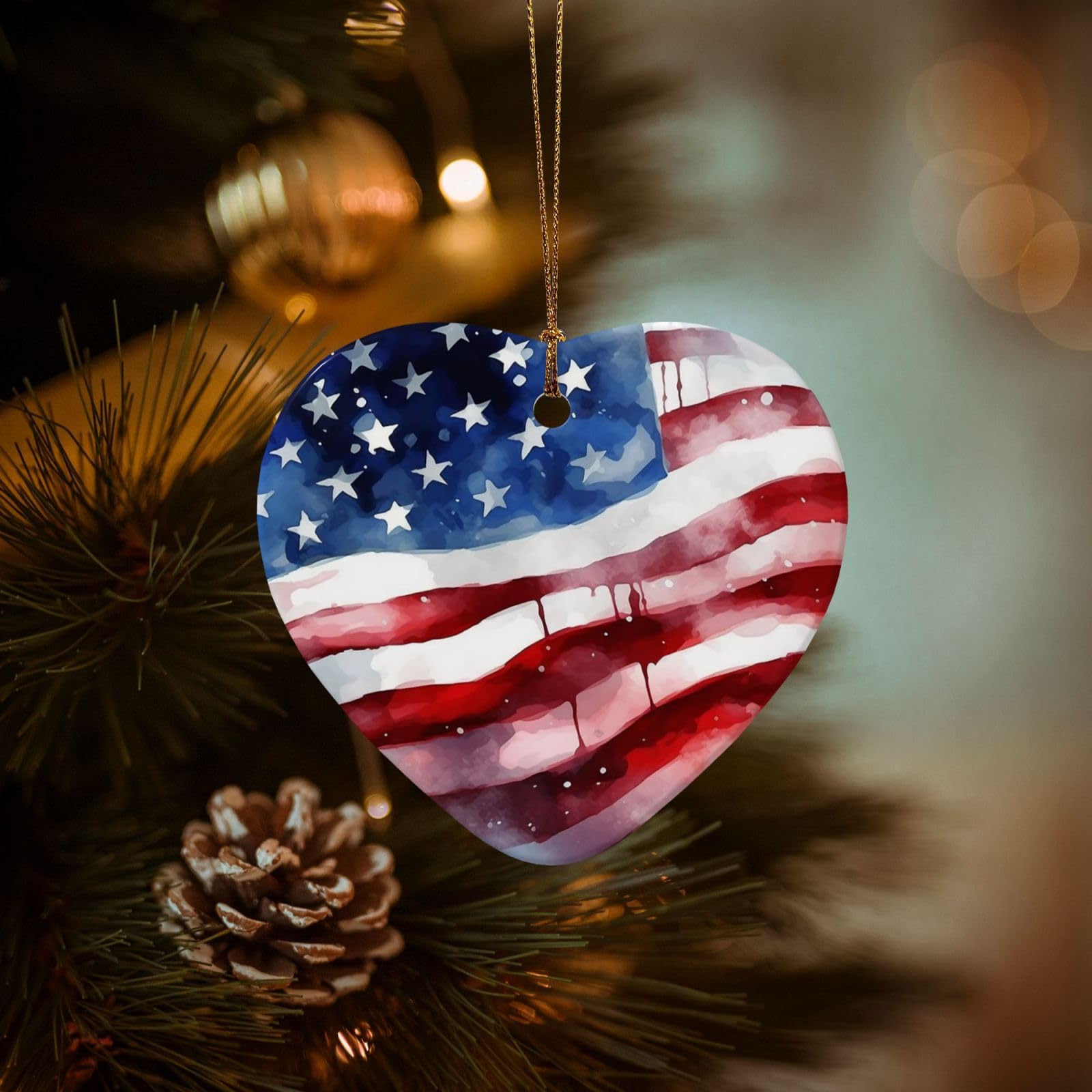 Christmas Tree Ornaments Ceramics Christmas Decorations Watercolor American Flag Ornaments with Gold Ribbon Porcelain Xmas Tree Crafts Heart Shape Hanging Pendant for Christmas Tree Party Decor